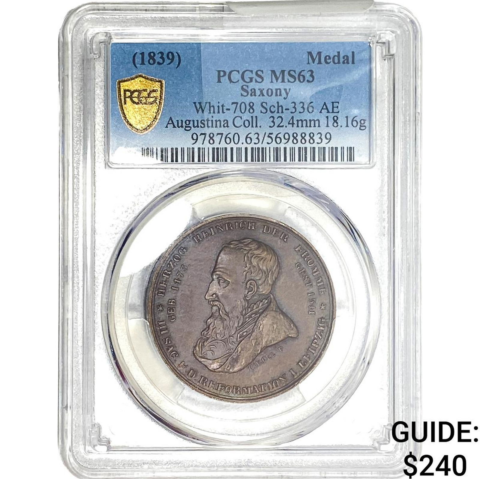 1839 Saxony Bronze Medal PCGS MS63: 1839 Saxony Bronze Medal PCGS MS63