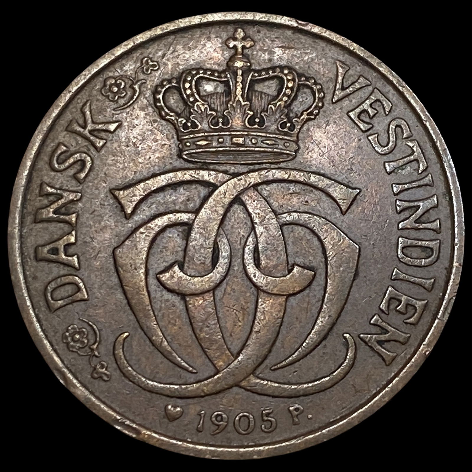 1905 Danish W. Indies Copper 2 Cents NEARLY UNCIRCULATED: 1905 Danish W. Indies Copper 2 Cents NEARLY UNCIRCULATED