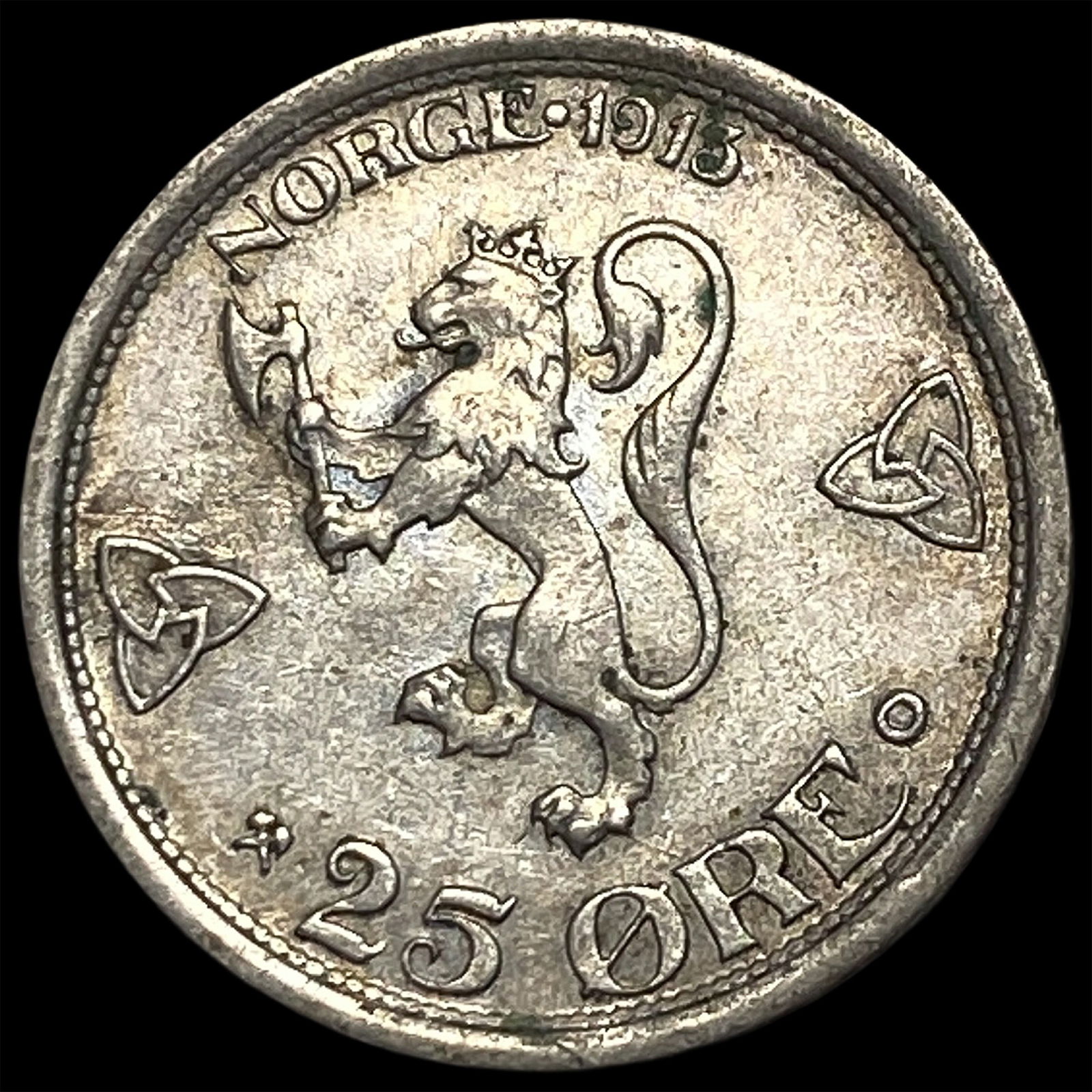 1913 Norway Silver 25 Ore NEARLY UNCIRCULATED: 1913 Norway Silver 25 Ore NEARLY UNCIRCULATED
