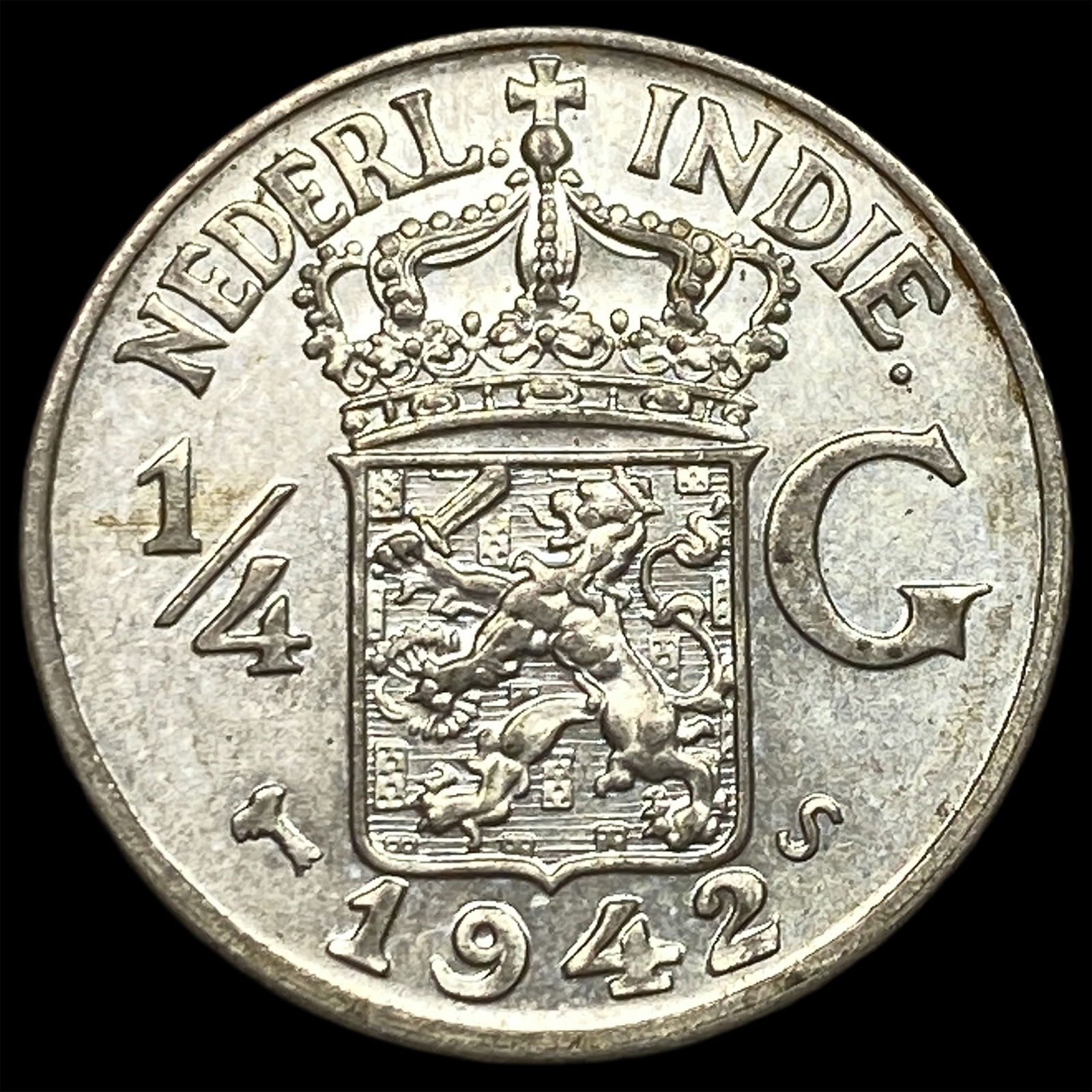 1942-S Neth. E. Indies Silver 1/4 Gulden CHOICE AU: 1942-S Neth. E. Indies Silver 1/4 Gulden CHOICE AU