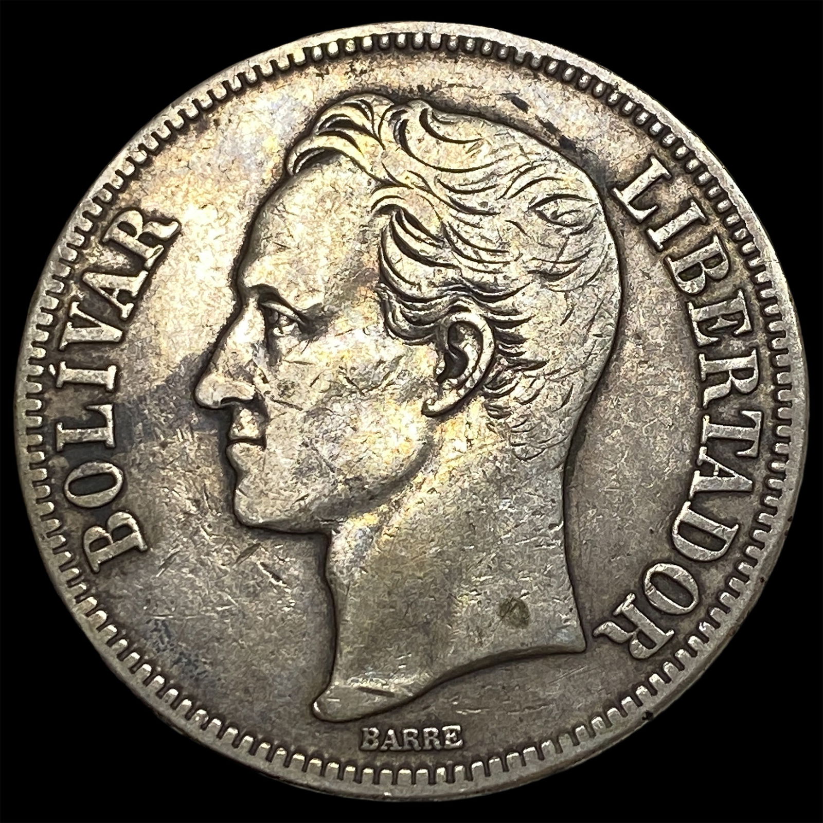 1921 Venezuela Silver 5 Bolivares NEARLY UNCIRCULATED: 1921 Venezuela Silver 5 Bolivares NEARLY UNCIRCULATED
