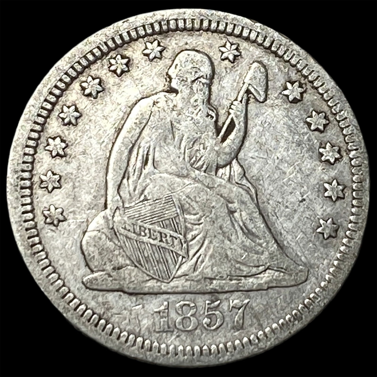 1857 Silver Seated Liberty Quarter ABOUT UNCIRCULATED: 1857 Silver Seated Liberty Quarter ABOUT UNCIRCULATED