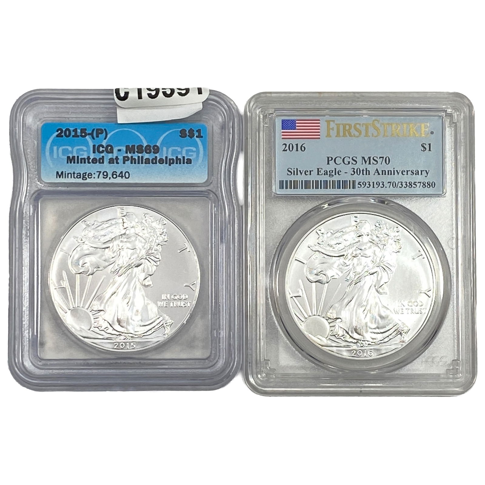 [2 Coins] 2015-2016 Silver Eagle ICG/PCGS MS69-70: [2 Coins] 2015-2016 Silver Eagle ICG/PCGS MS69-70
