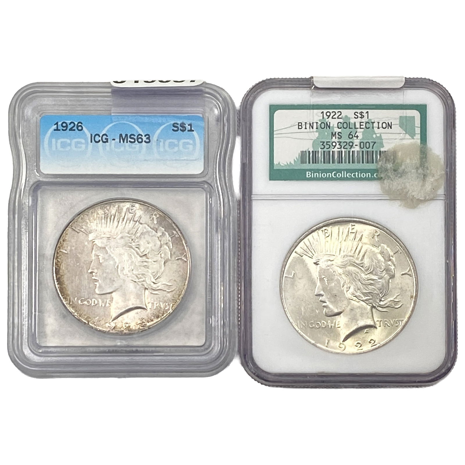 [2 Coins] 1922-1926 Silver Peace Dollar ICG/NGC MS63-64: [2 Coins] 1922-1926 Silver Peace Dollar ICG/NGC MS63-64