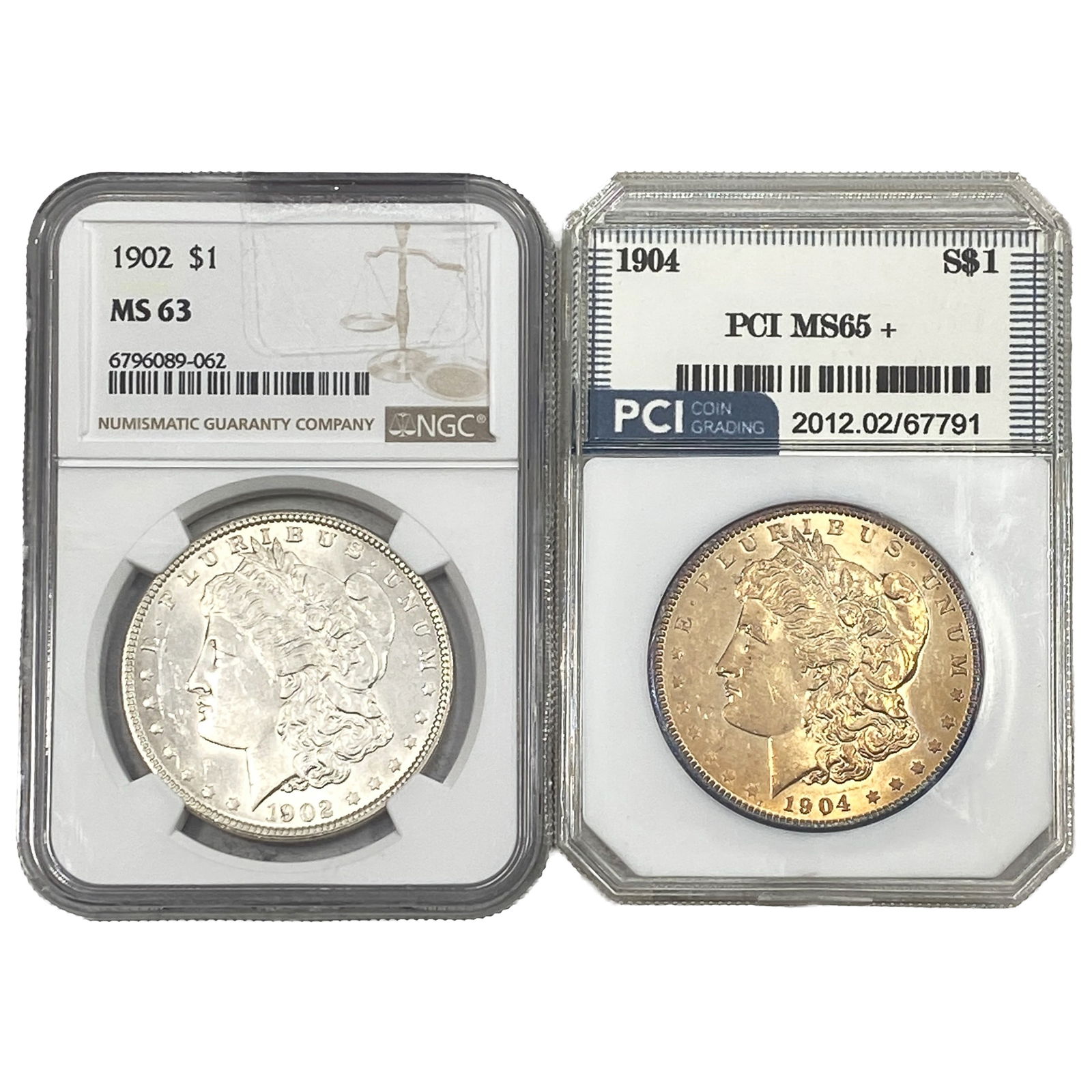 [2 Coins] 1902-1904 Morgan Silver Dollar PCI/NGC MS63-65: [2 Coins] 1902-1904 Morgan Silver Dollar PCI/NGC MS63-65