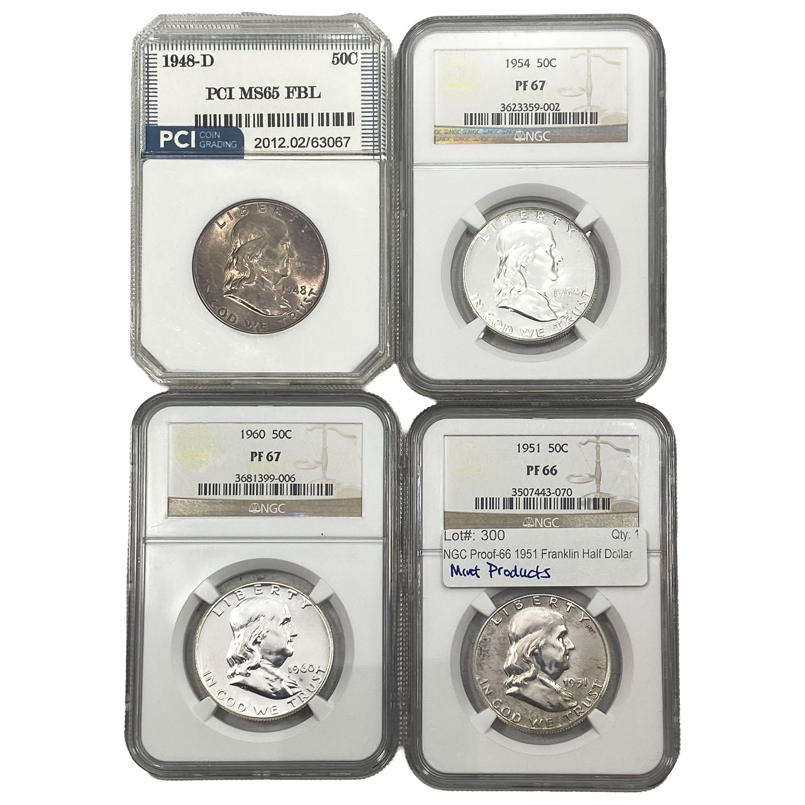 [4 Coins] 1948-1960 Franklin Half Dollar PCI/NGC PF/MS65-67: [4 Coins] 1948-1960 Franklin Half Dollar PCI/NGC PF/MS65-67