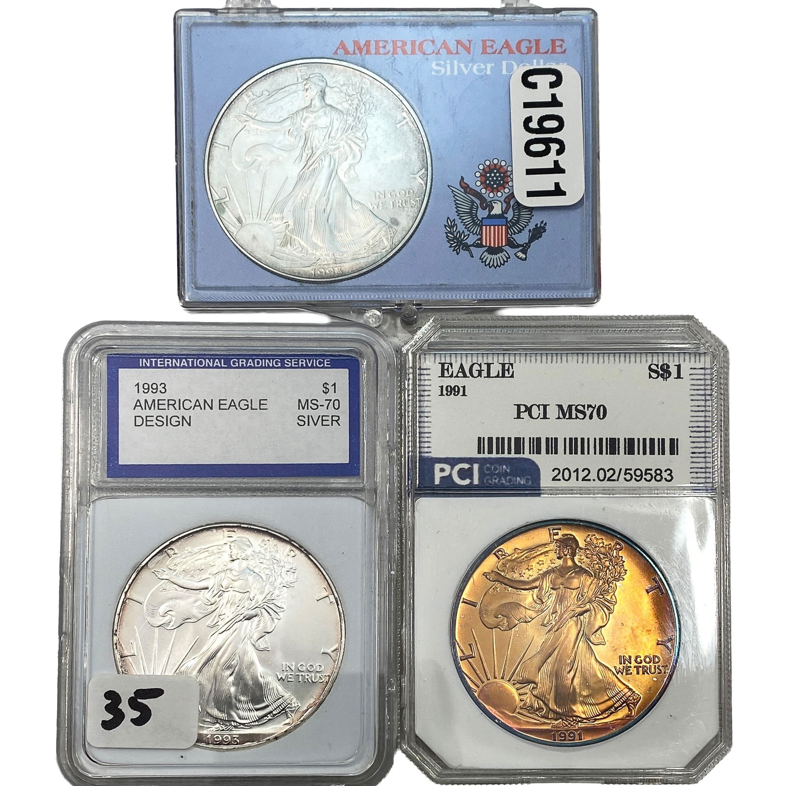 [3 Coins] 1991-1995 Silver Eagle IGS/PCI MS70: [3 Coins] 1991-1995 Silver Eagle IGS/PCI MS70