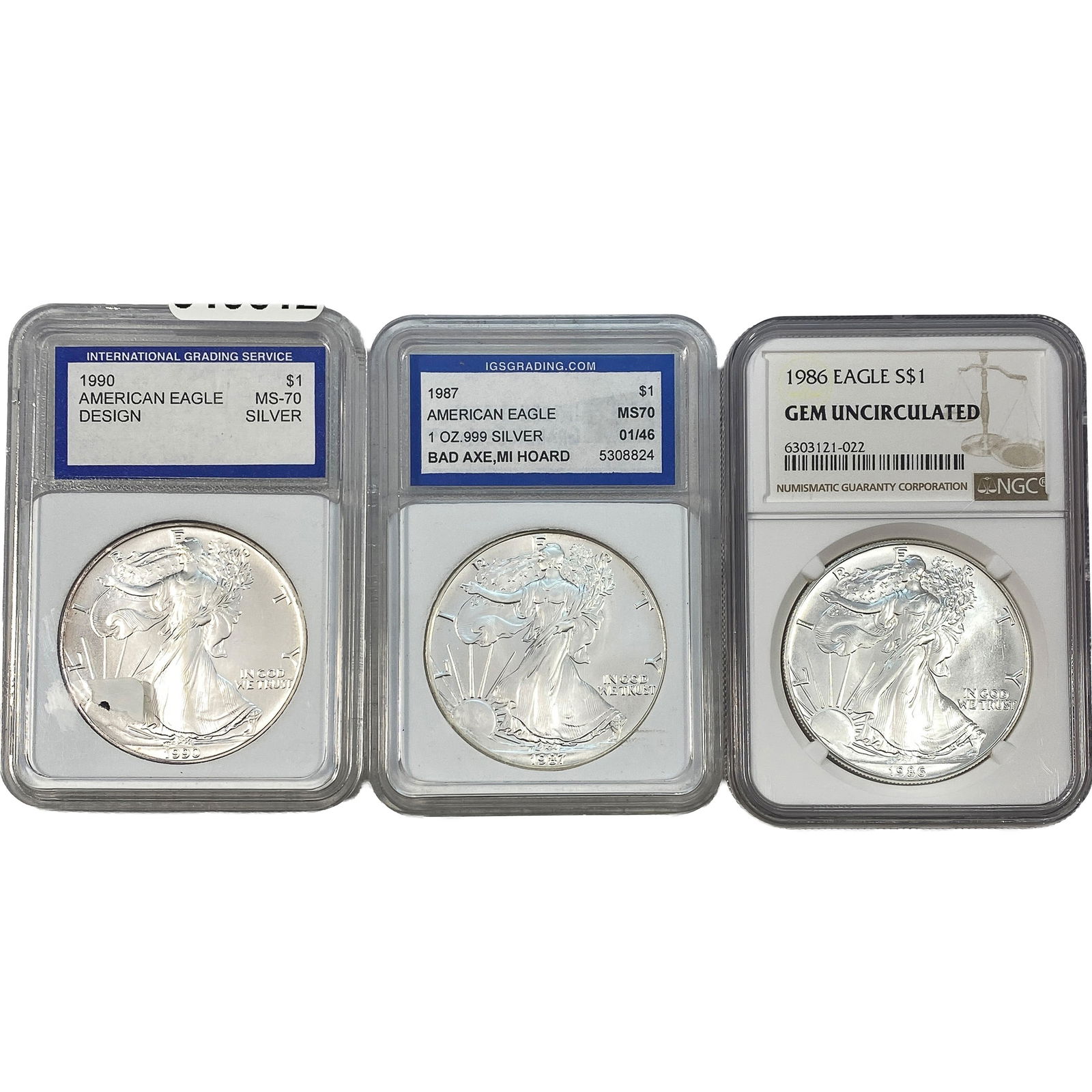 [3 Coins] 1986-1990 Silver Eagle IGS/NGC MS70: [3 Coins] 1986-1990 Silver Eagle IGS/NGC MS70