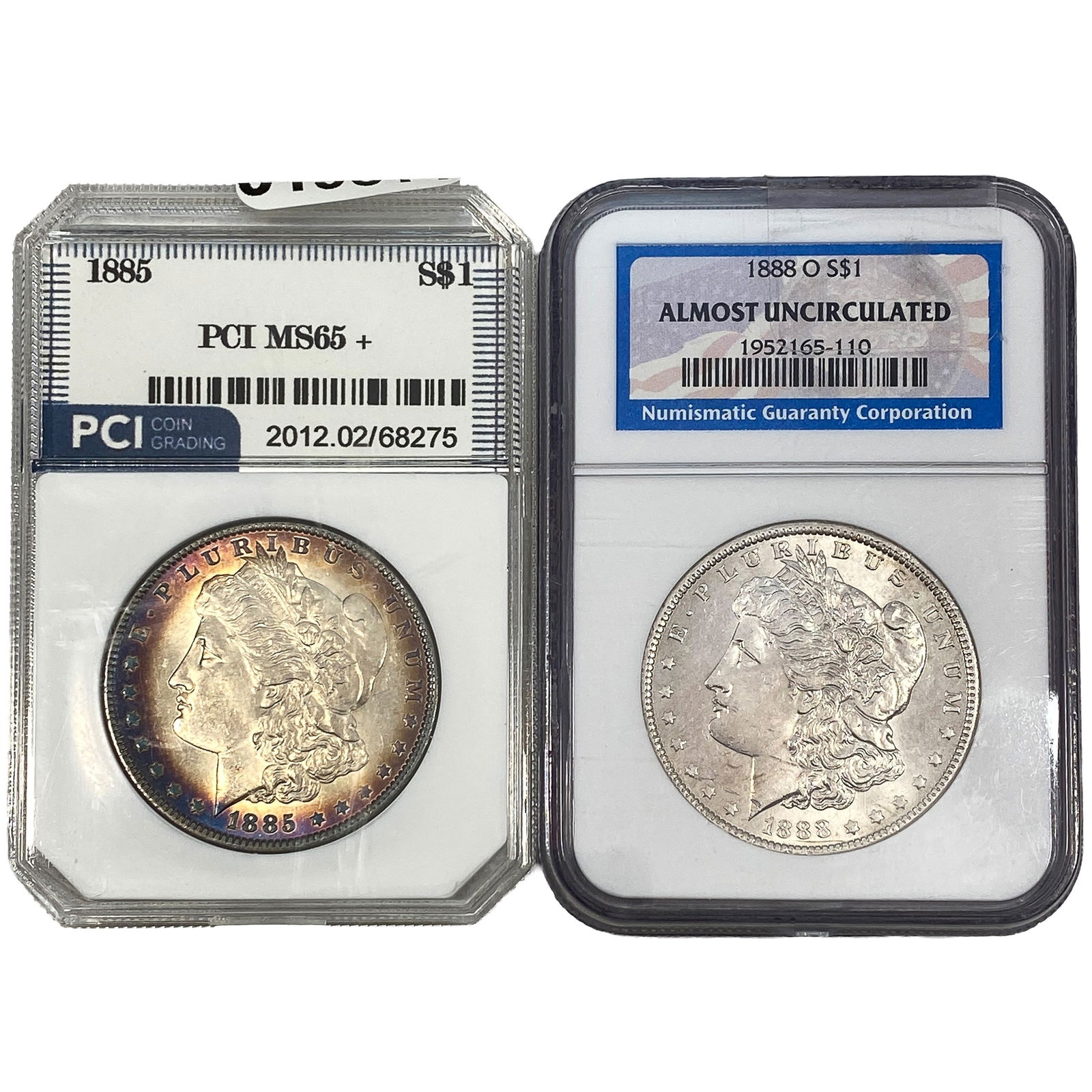 [2 Coins] 1885-1888 Morgan Silver Dollar PCI/NGC MS65+: [2 Coins] 1885-1888 Morgan Silver Dollar PCI/NGC MS65+