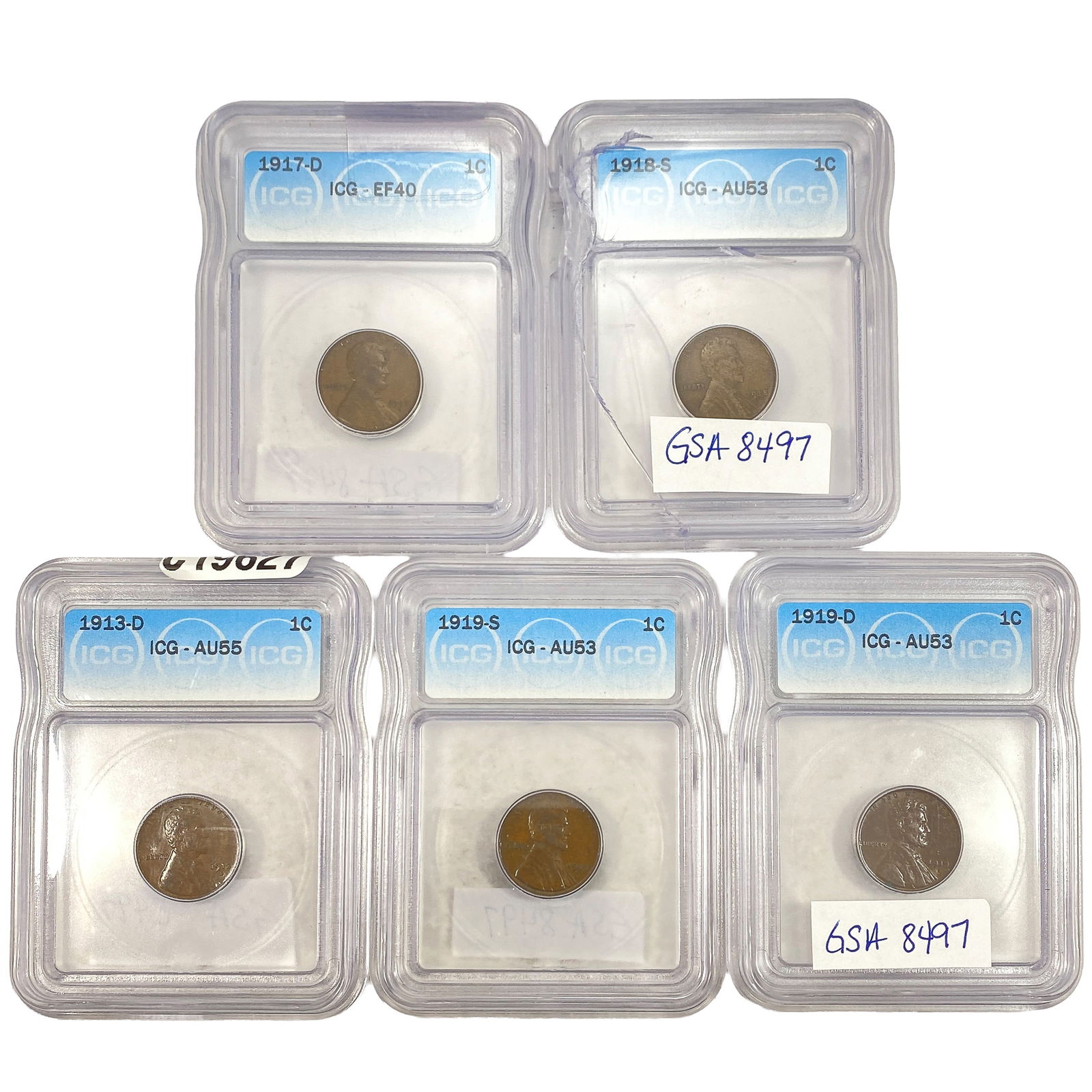 [5 Coins] 1913-1919 Wheat Cent ICG EF/AU40-55: [5 Coins] 1913-1919 Wheat Cent ICG EF/AU40-55