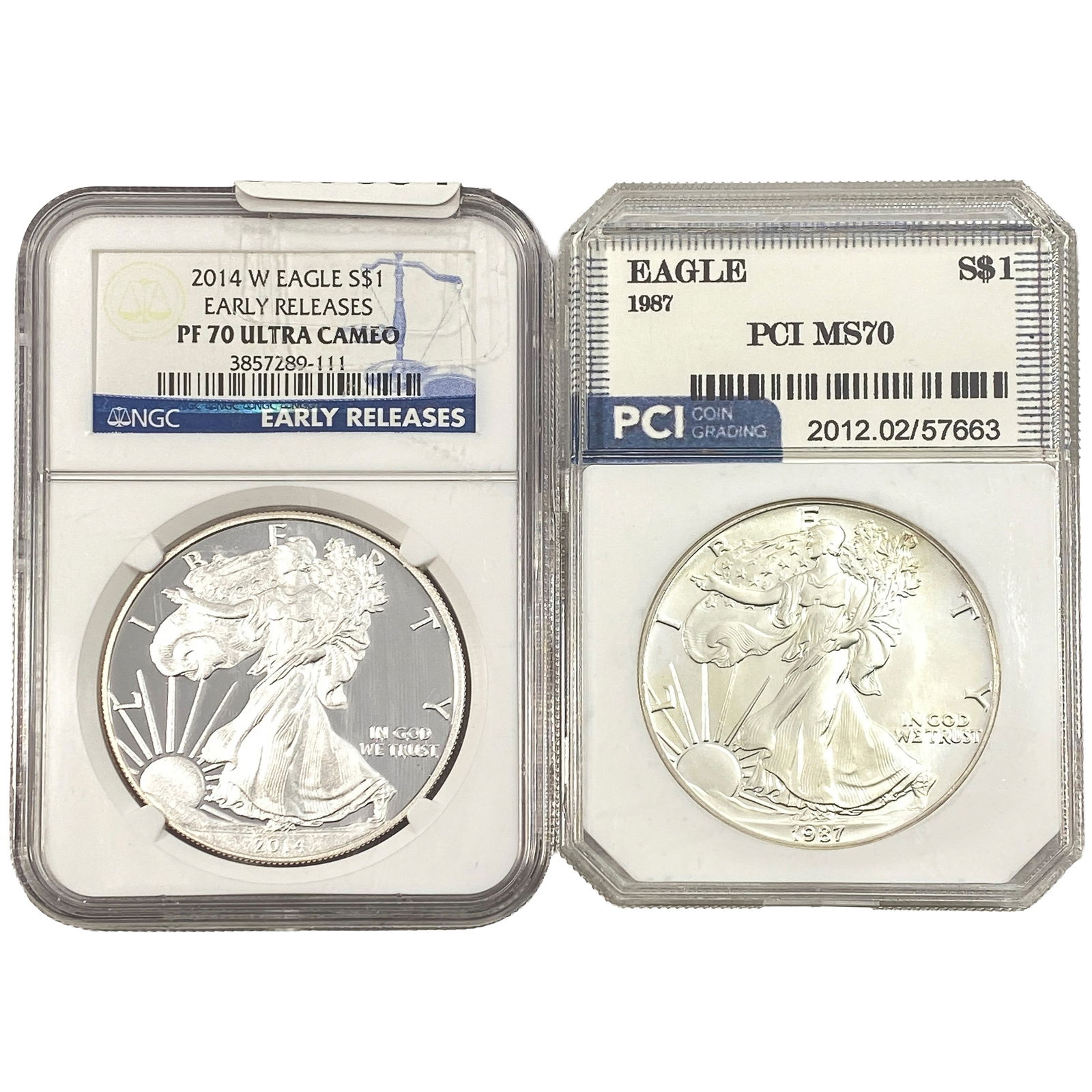 [2 Coins] 1987-2014 Silver Eagle PCI/NGC PF/MS70: [2 Coins] 1987-2014 Silver Eagle PCI/NGC PF/MS70