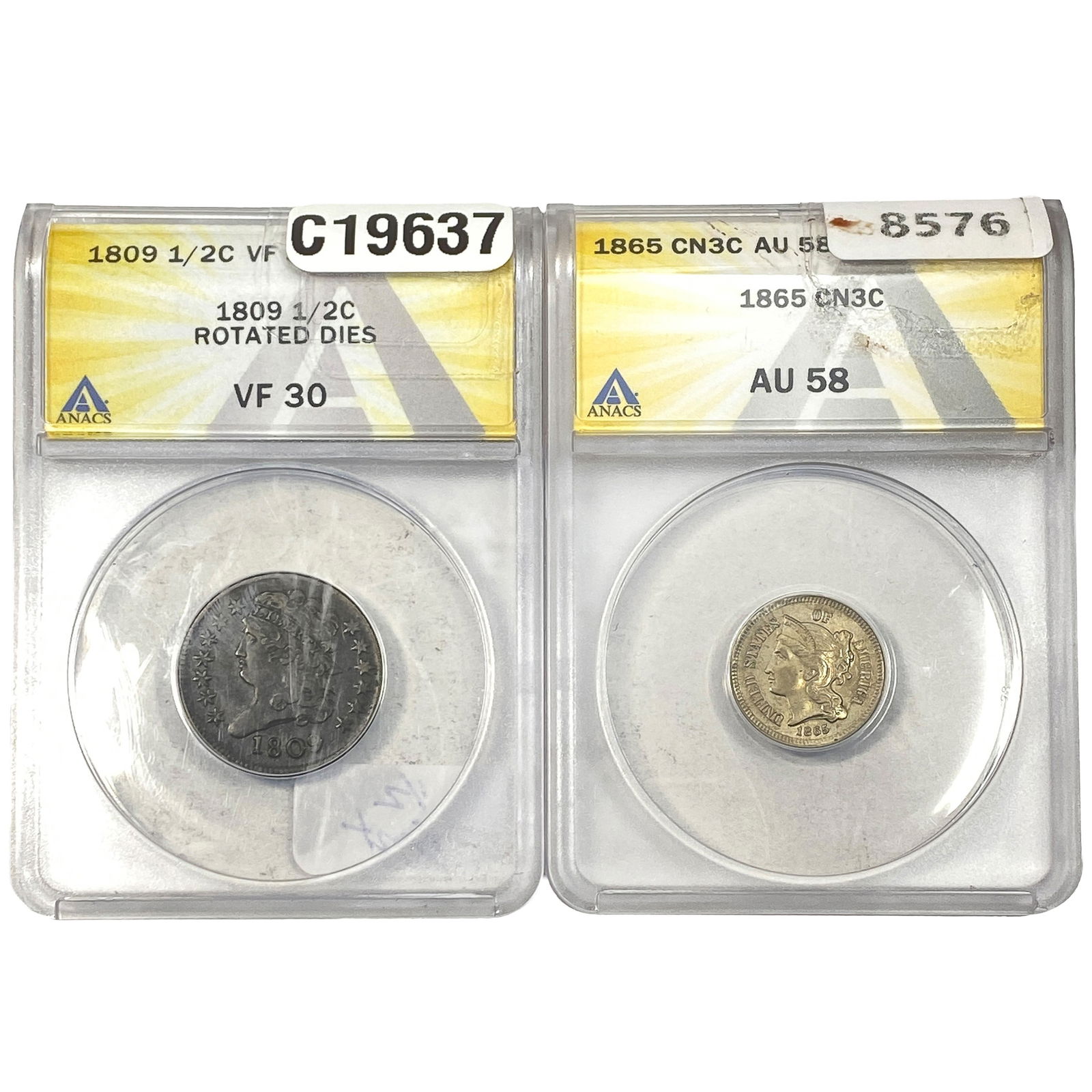 [2 Coins] 1809-1865 1/2C & Silver 3C ANACS VF/AU30-58: [2 Coins] 1809-1865 1/2C & Silver 3C ANACS VF/AU30-58