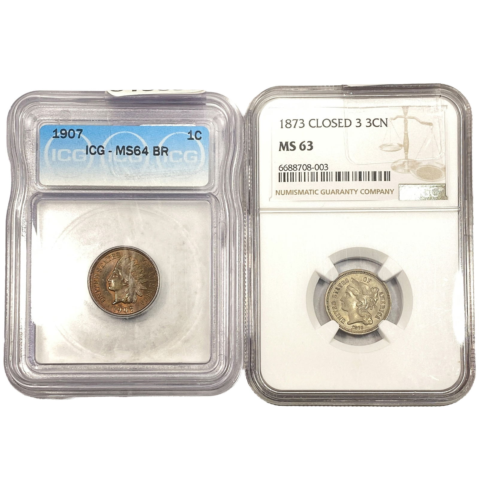 [2 Coins] 1873-1907 1C & Nickel 3C ICG/NGC MS63-64: [2 Coins] 1873-1907 1C & Nickel 3C ICG/NGC MS63-64