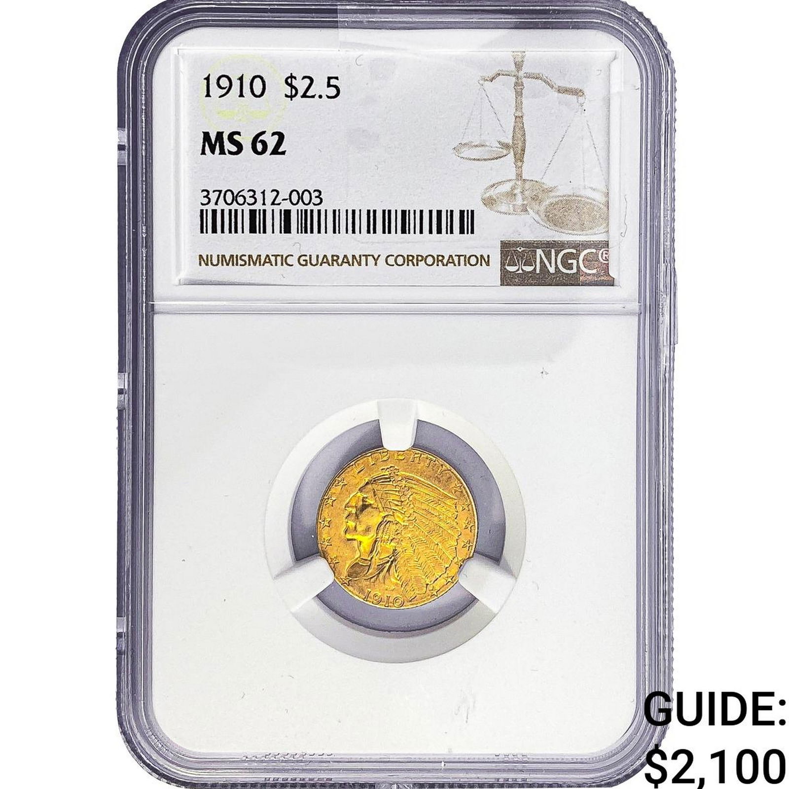 1910 $2.50 Gold Quarter Eagle NGC MS62: 1910 $2.50 Gold Quarter Eagle NGC MS62