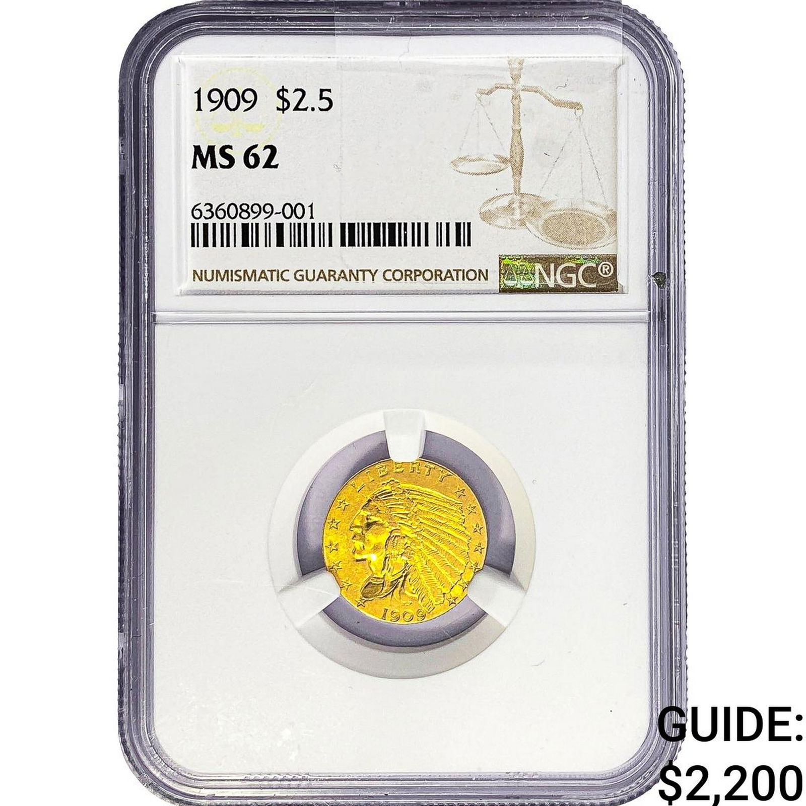 1909 $2.50 Gold Quarter Eagle NGC MS62: 1909 $2.50 Gold Quarter Eagle NGC MS62