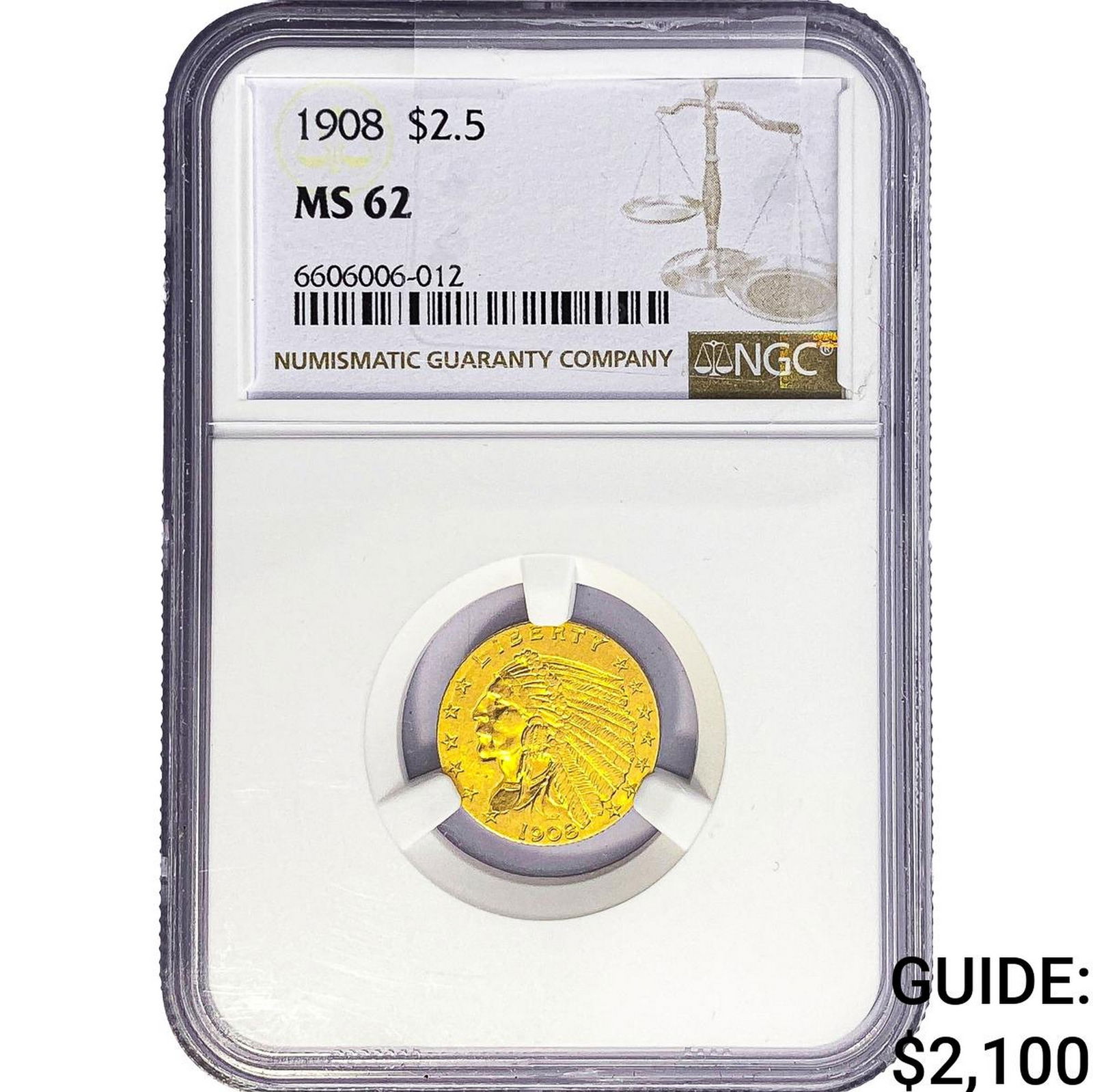 1908 $2.50 Gold Quarter Eagle NGC MS62: 1908 $2.50 Gold Quarter Eagle NGC MS62