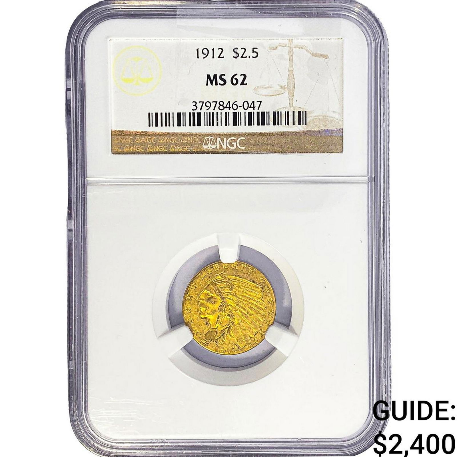 1912 $2.50 Gold Quarter Eagle NGC MS62: 1912 $2.50 Gold Quarter Eagle NGC MS62