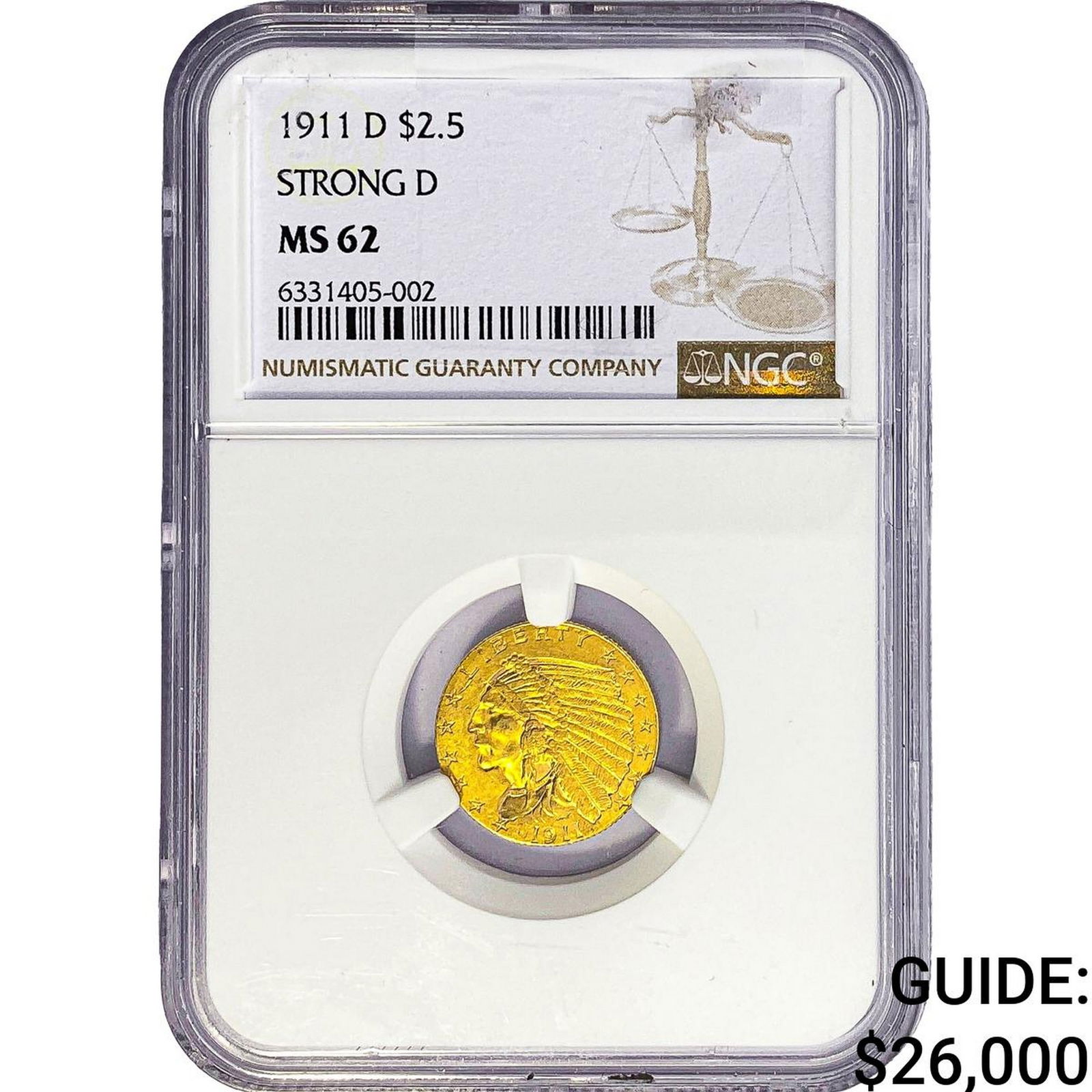 1911-D $2.50 Gold Quarter Eagle NGC MS62 Strong D: 1911-D $2.50 Gold Quarter Eagle NGC MS62 Strong D