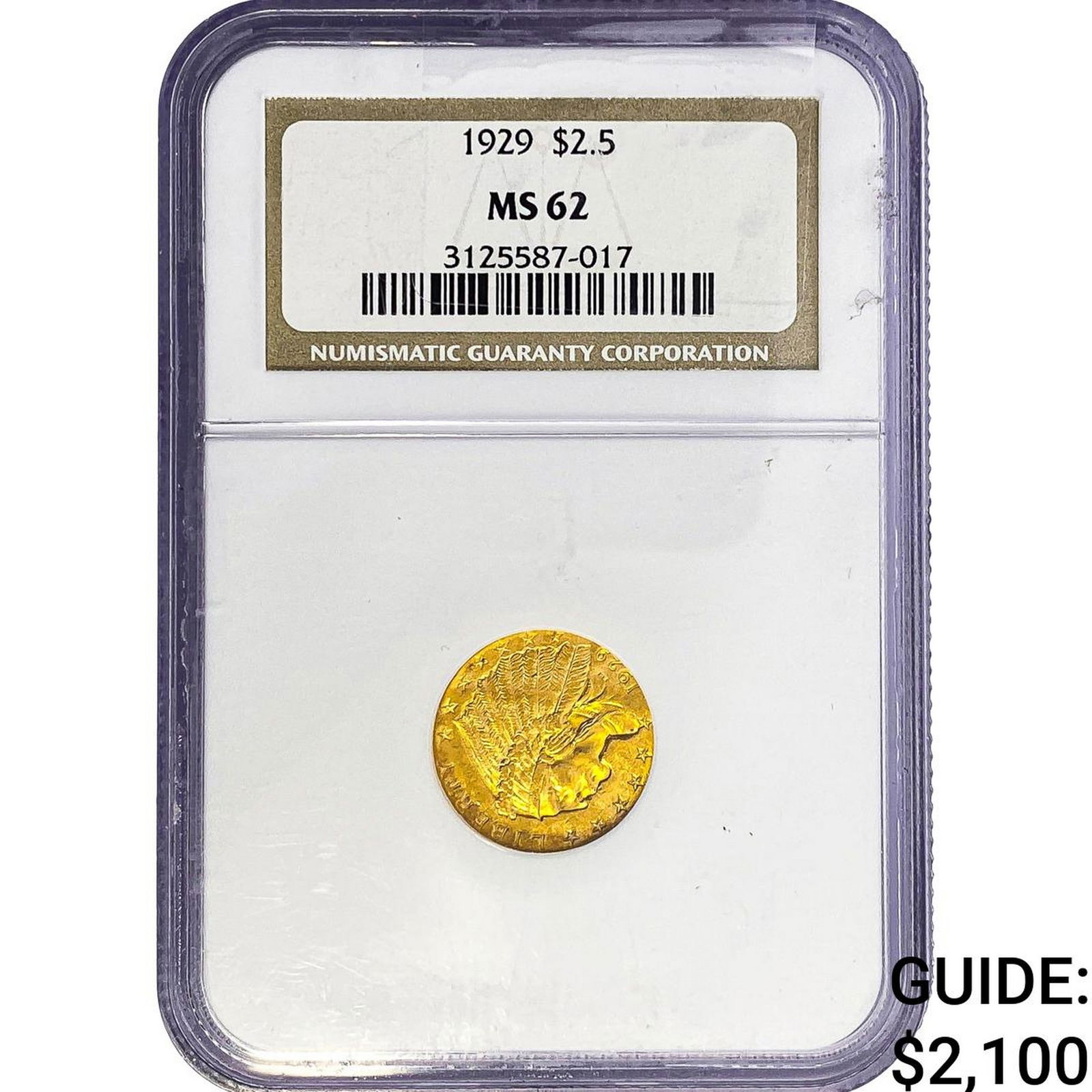 1929 $2.50 Gold Quarter Eagle NGC MS62: 1929 $2.50 Gold Quarter Eagle NGC MS62