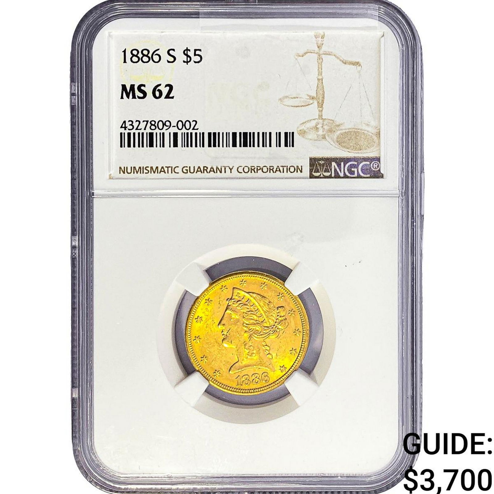1886-S $5 Gold Half Eagle NGC MS62: 1886-S $5 Gold Half Eagle NGC MS62