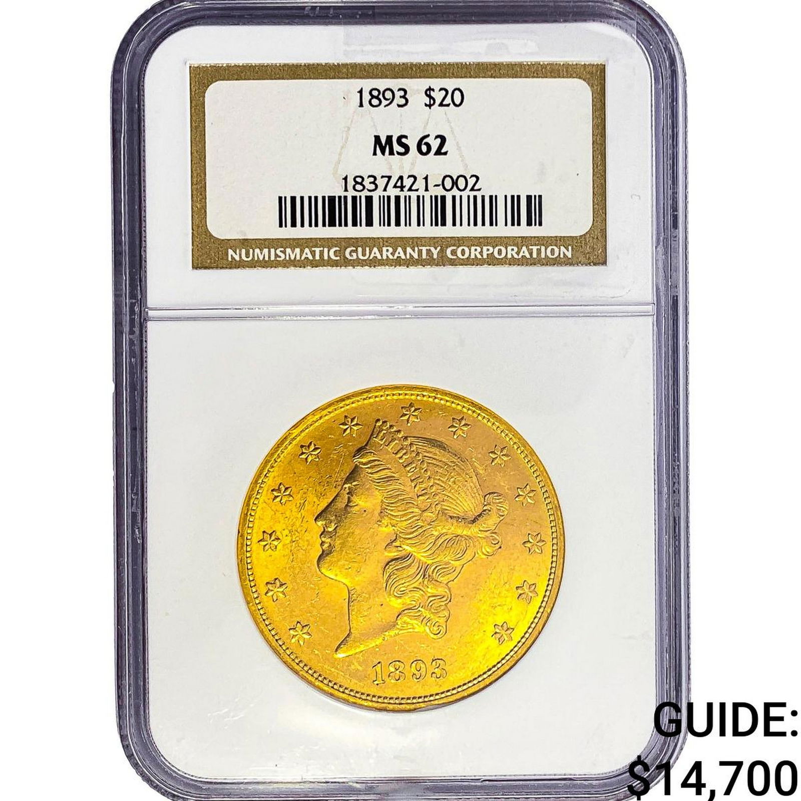 1893 $20 Gold Double Eagle NGC MS62: 1893 $20 Gold Double Eagle NGC MS62
