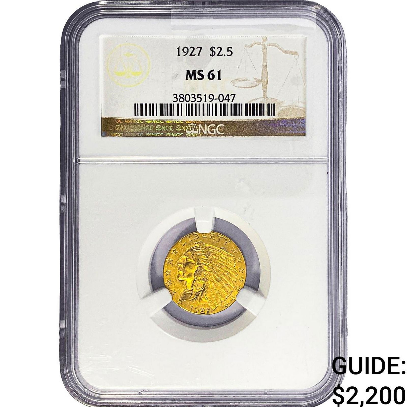 1927 $2.50 Gold Quarter Eagle NGC MS61: 1927 $2.50 Gold Quarter Eagle NGC MS61