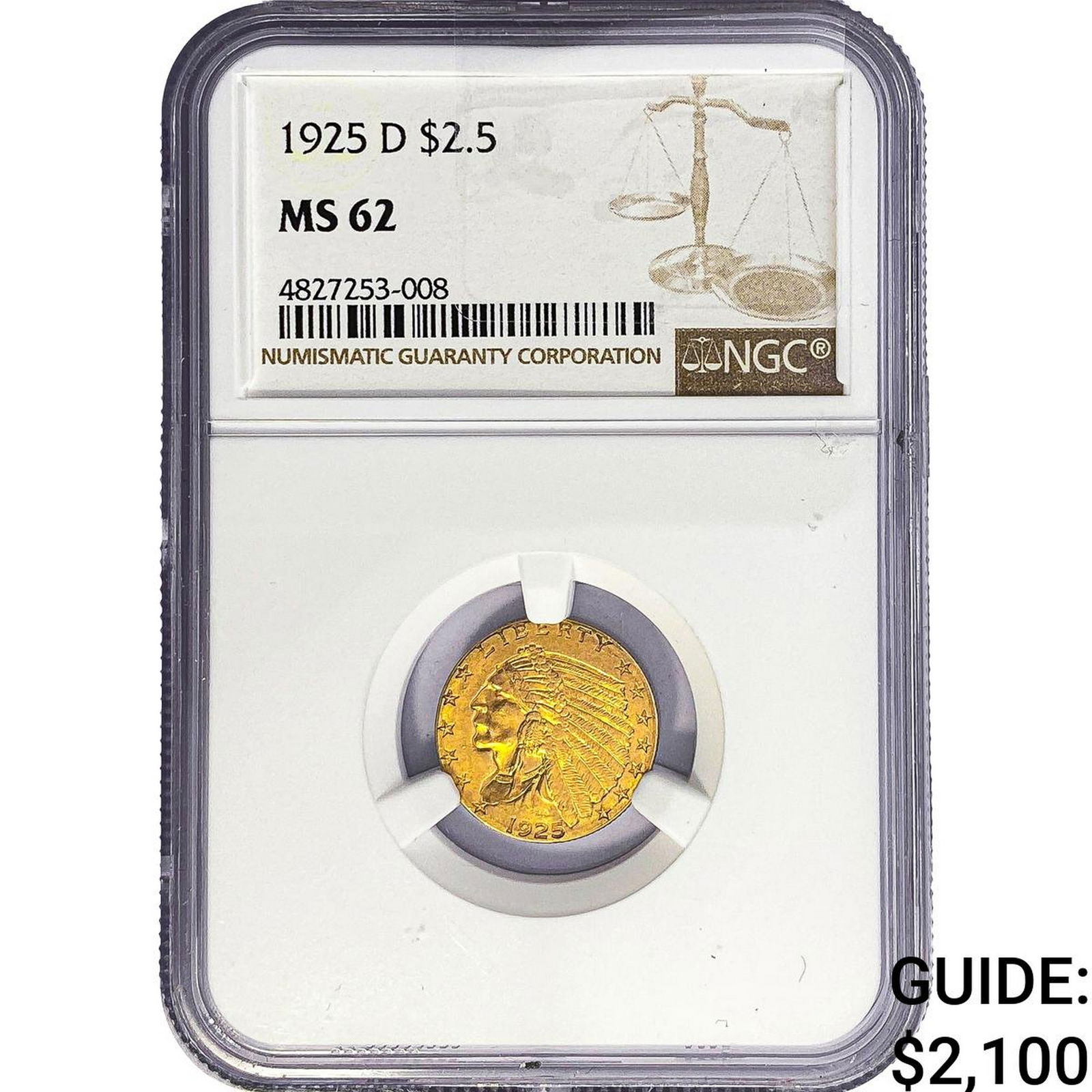 1925-D $2.50 Gold Quarter Eagle NGC MS62: 1925-D $2.50 Gold Quarter Eagle NGC MS62