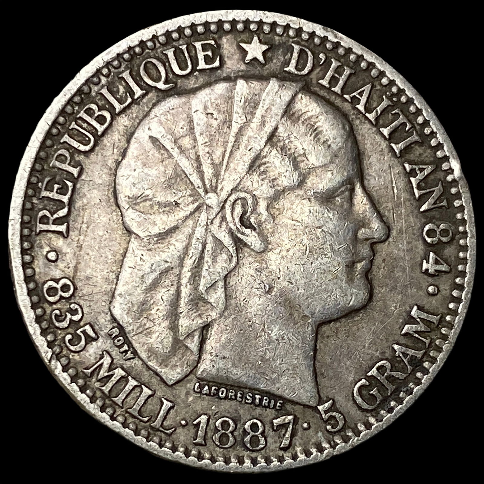 1887 Haiti Silver 20 Centimes CLOSELY UNCIRCULATED: 1887 Haiti Silver 20 Centimes CLOSELY UNCIRCULATED