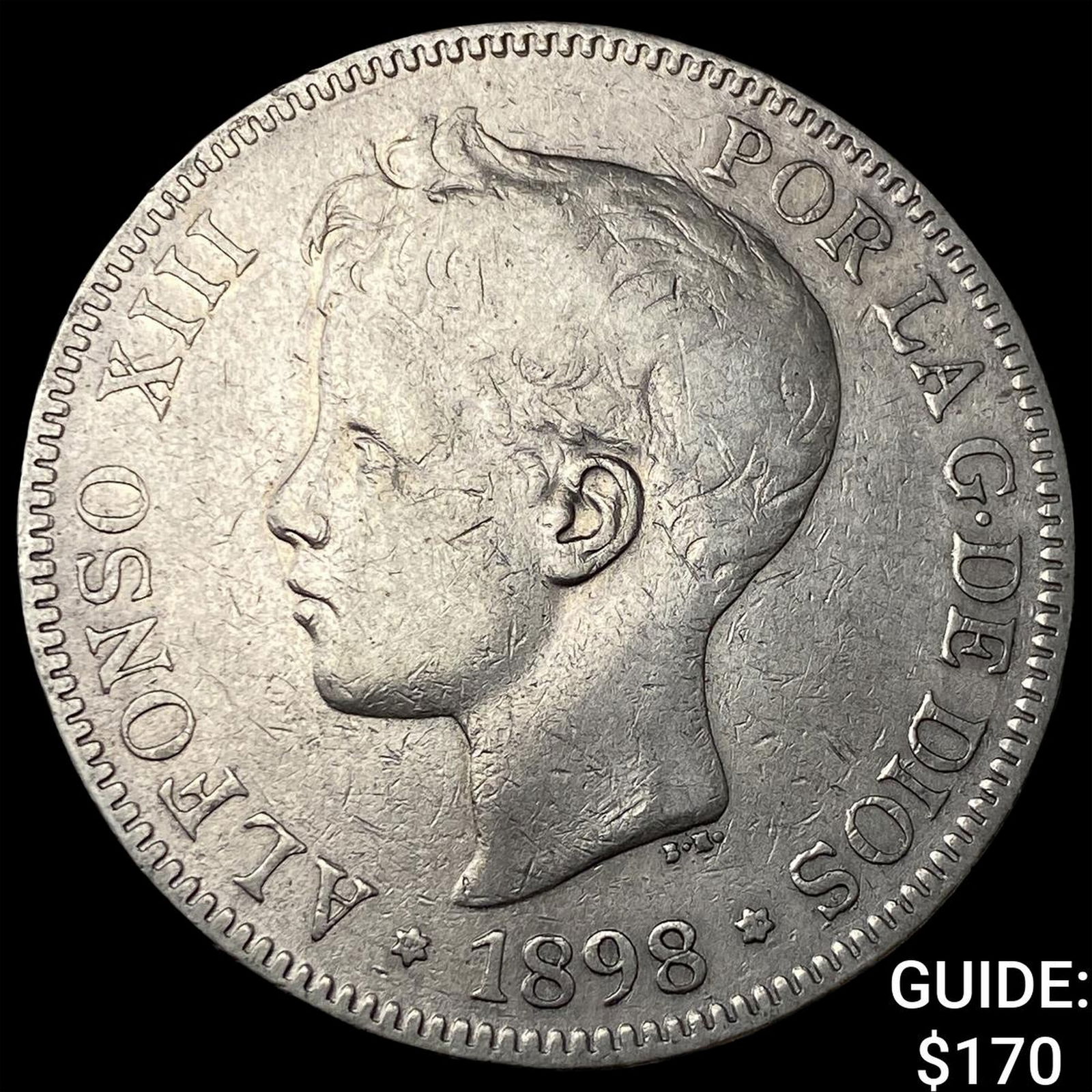 1898 Spain Silver 5 Pesetas NEARLY UNCIRCULATED: 1898 Spain Silver 5 Pesetas NEARLY UNCIRCULATED