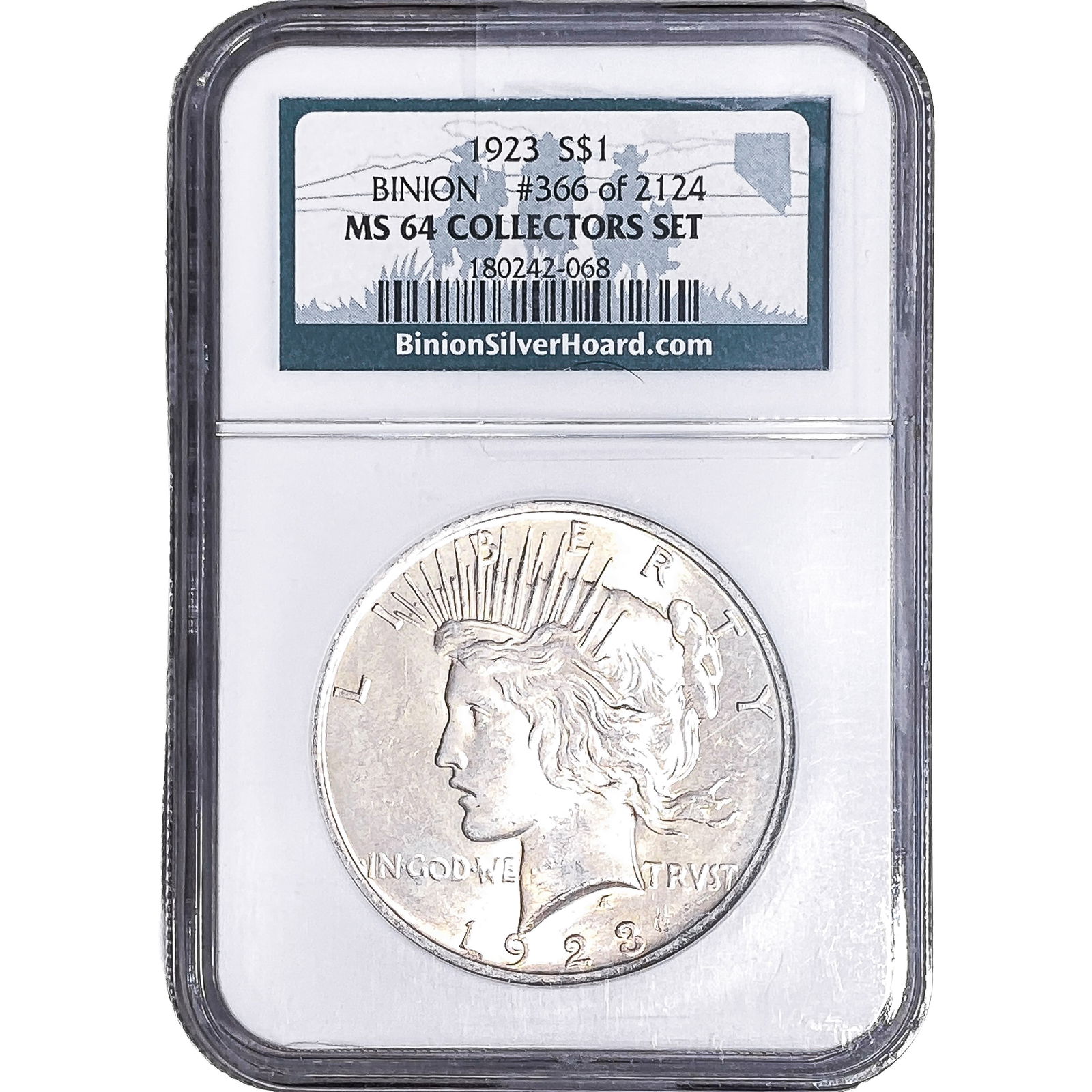 1923 Silver Peace Dollar NGC MS64 Binion Collection: 1923 Silver Peace Dollar NGC MS64 Binion Collection