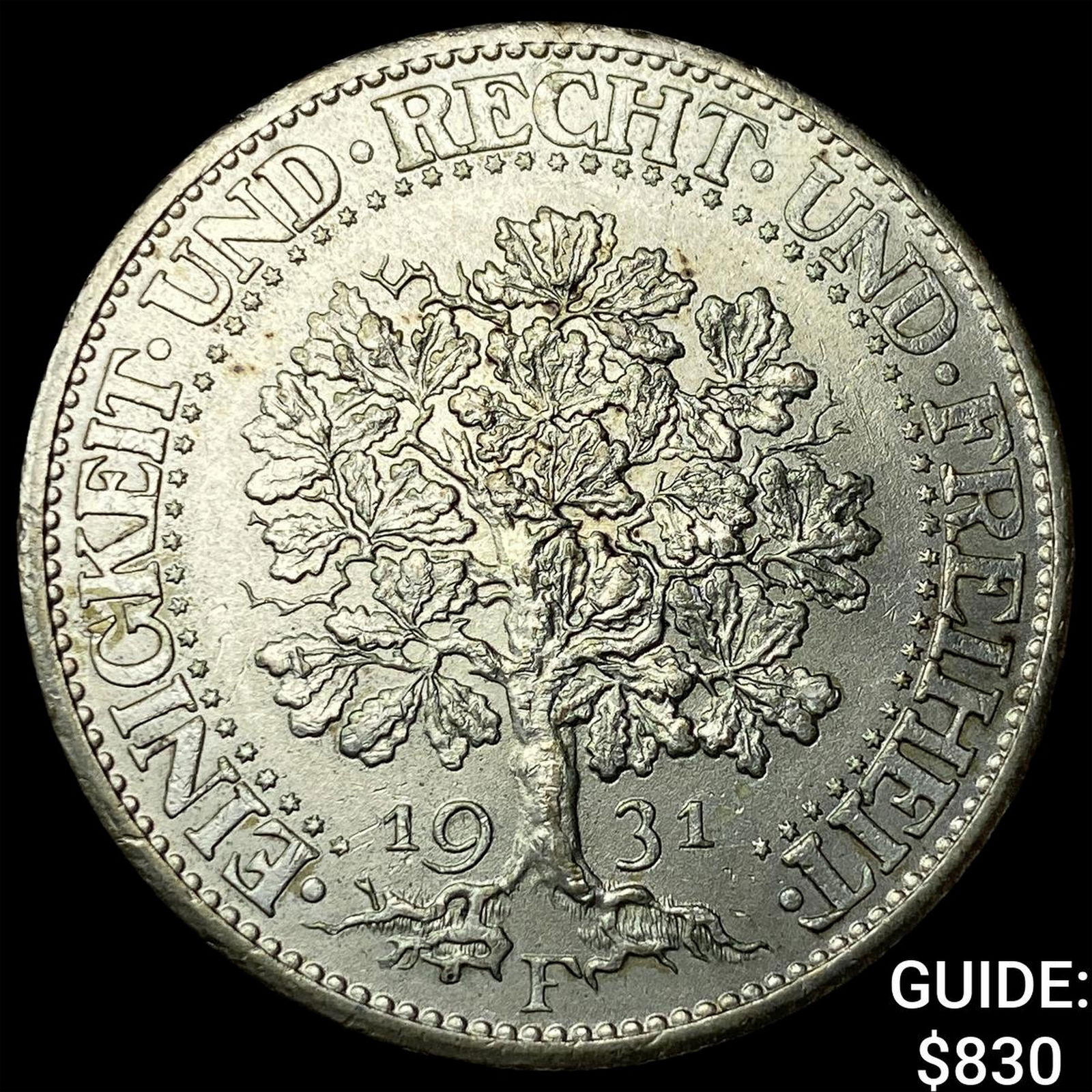 1931-F Germany Silver 5 Marks CHOICE AU: 1931-F Germany Silver 5 Marks CHOICE AU