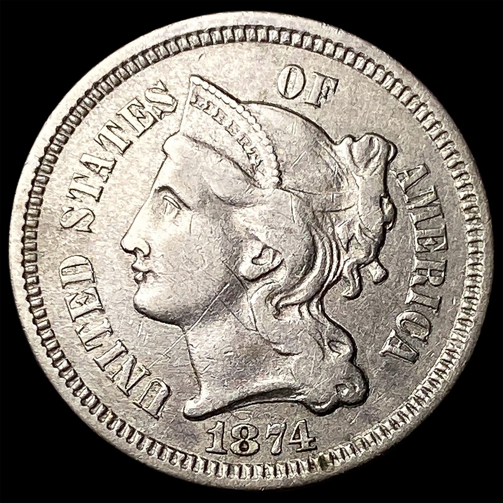 1874 Nickel Three-Cent Piece CLOSELY UNCIRCULATED: 1874 Nickel Three-Cent Piece CLOSELY UNCIRCULATED