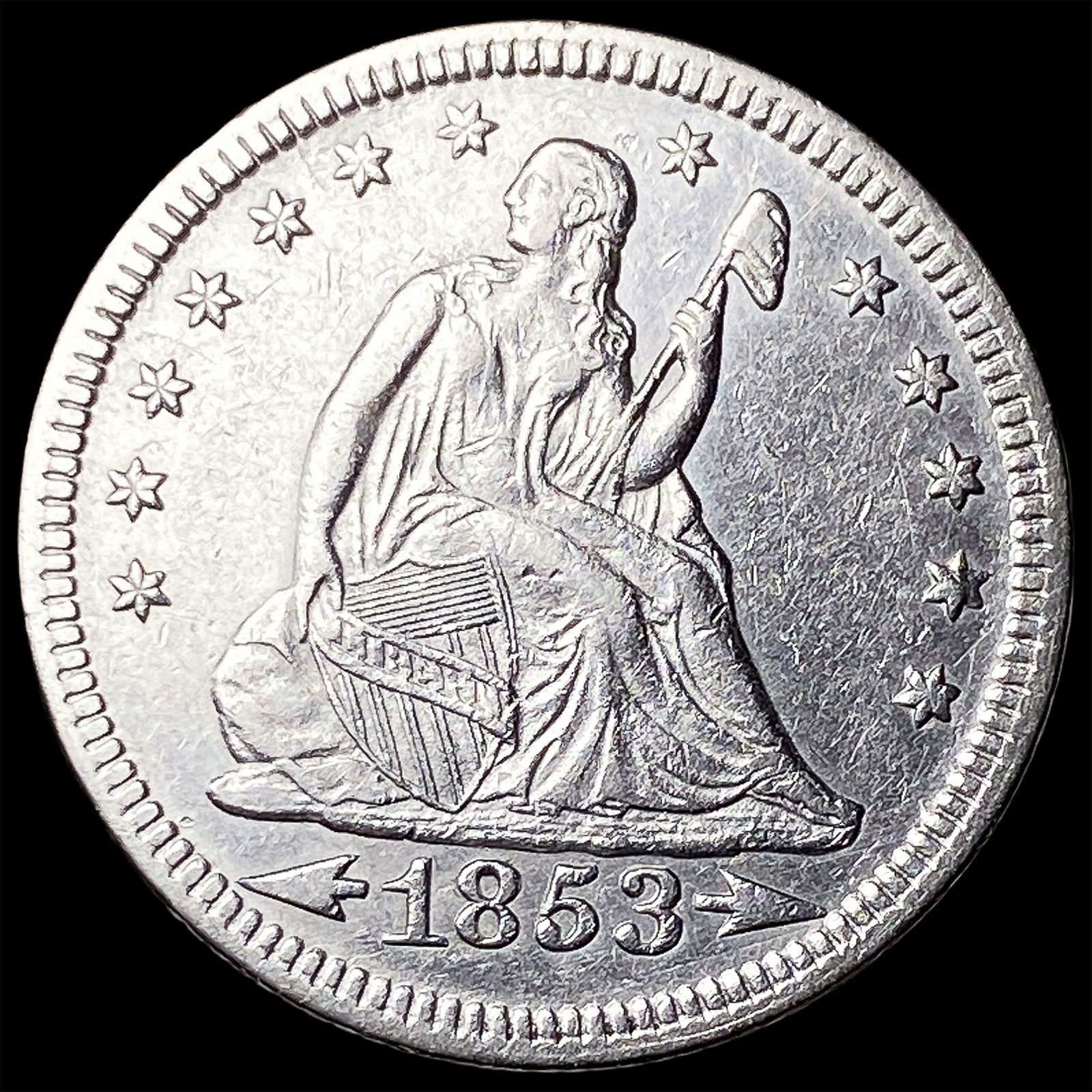 1853 Arrows Seated Liberty Quarter CLOSELY UNCIRCULATED: 1853 Arrows Seated Liberty Quarter CLOSELY UNCIRCULATED