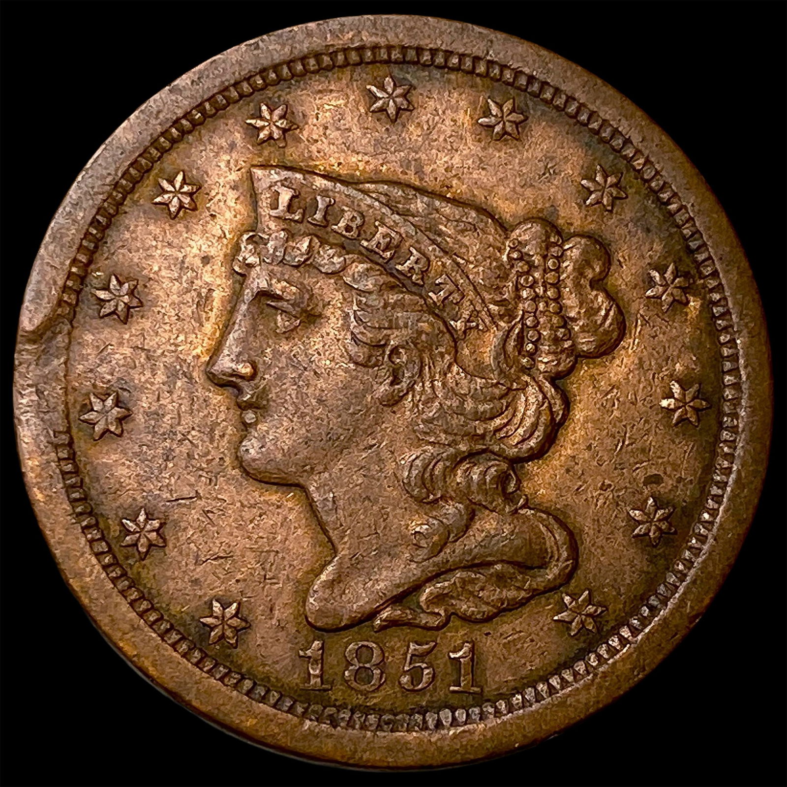 1851 Braided Hair Half Cent CLOSELY UNCIRCULATED: 1851 Braided Hair Half Cent CLOSELY UNCIRCULATED