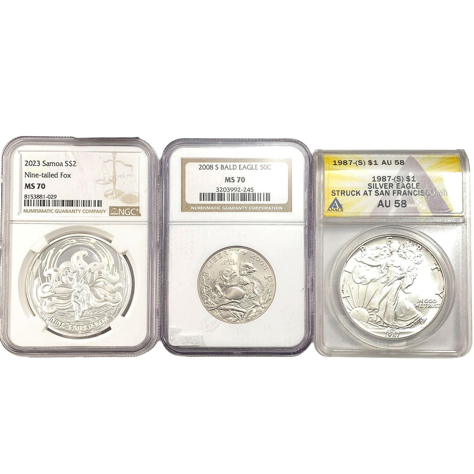 [3 Coins] 1987-2023 Various Silver Coins ANACS/NGC AU/MS58 70: [3 Coins] 1987-2023 Various Silver Coins ANACS/NGC AU/MS58 70