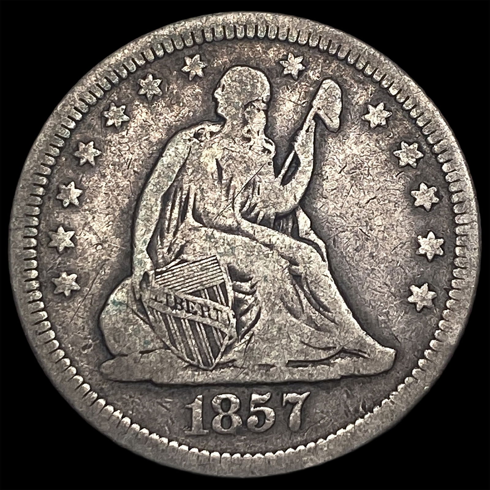 1857 Silver Seated Liberty Quarter LIGHTLY CIRCULATED: 1857 Silver Seated Liberty Quarter LIGHTLY CIRCULATED