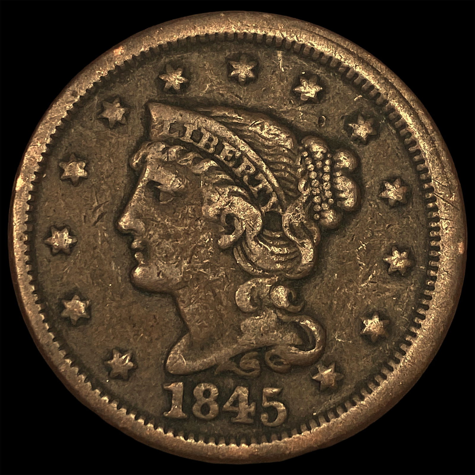 1845 Braided Hair Large Cent CLOSELY UNCIRCULATED: 1845 Braided Hair Large Cent CLOSELY UNCIRCULATED
