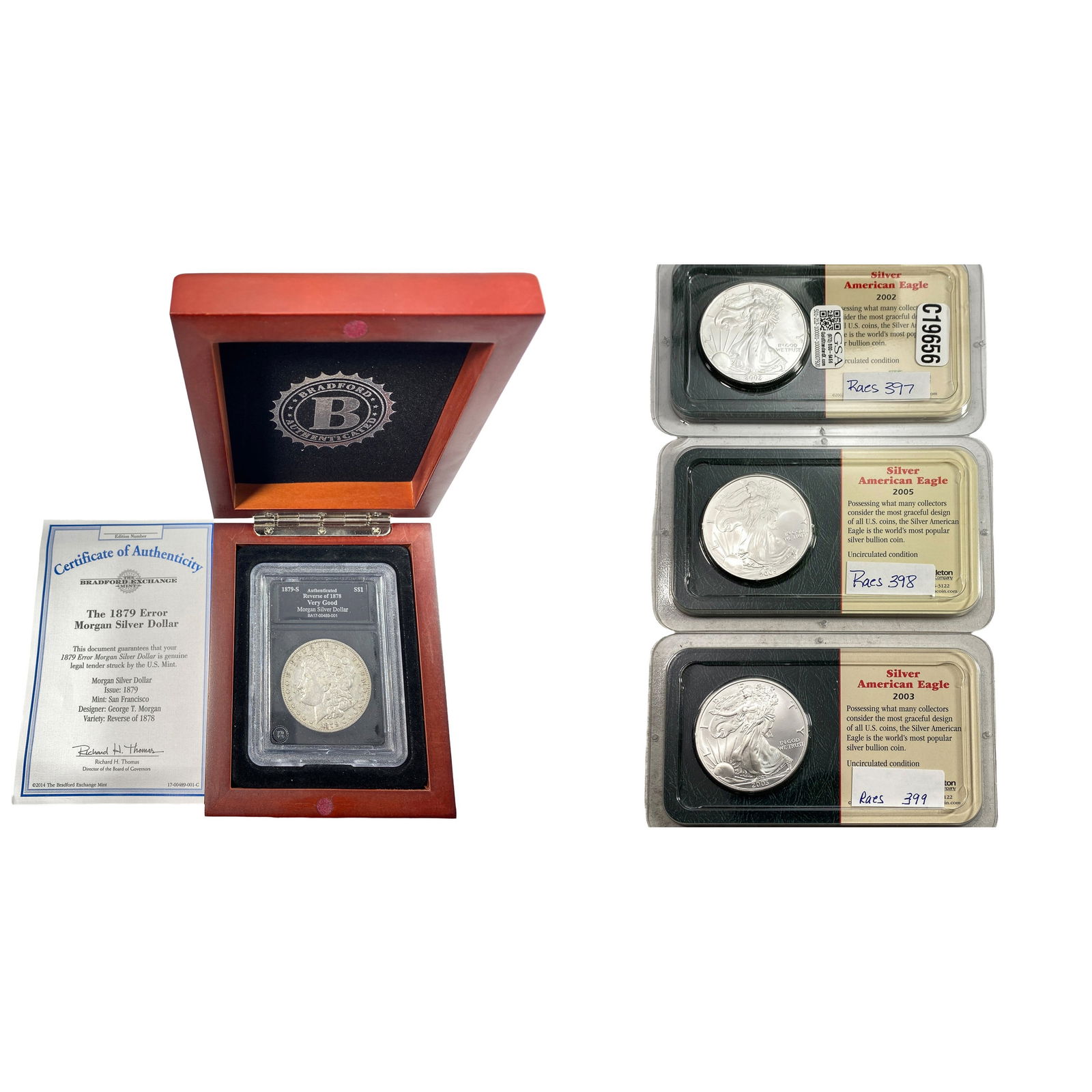 [4 Coins] 1879-2005 Morgan $1 & Silver Eagles: [4 Coins] 1879-2005 Morgan $1 & Silver Eagles