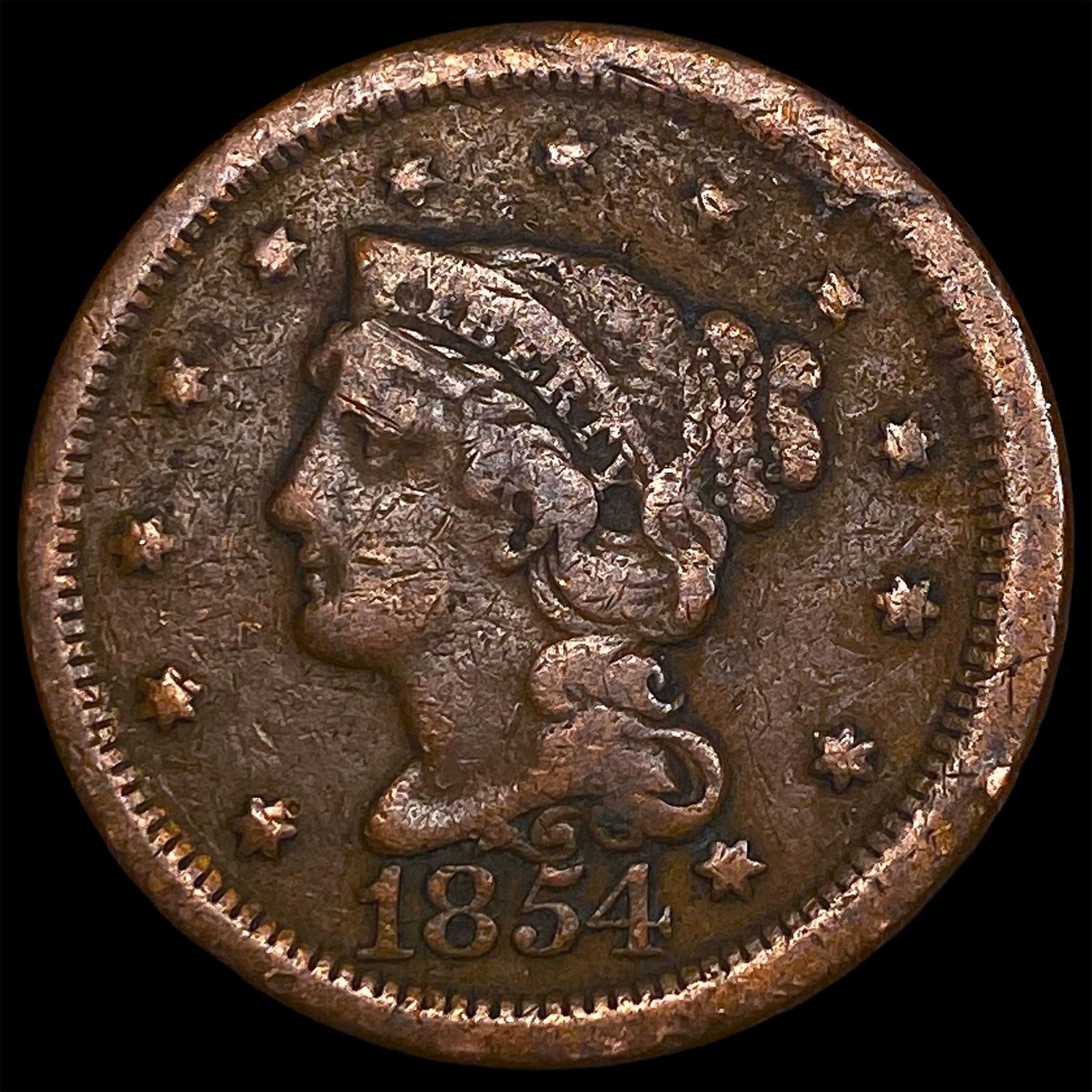 1854 Braided Hair Large Cent LIGHTLY CIRCULATED: 1854 Braided Hair Large Cent LIGHTLY CIRCULATED