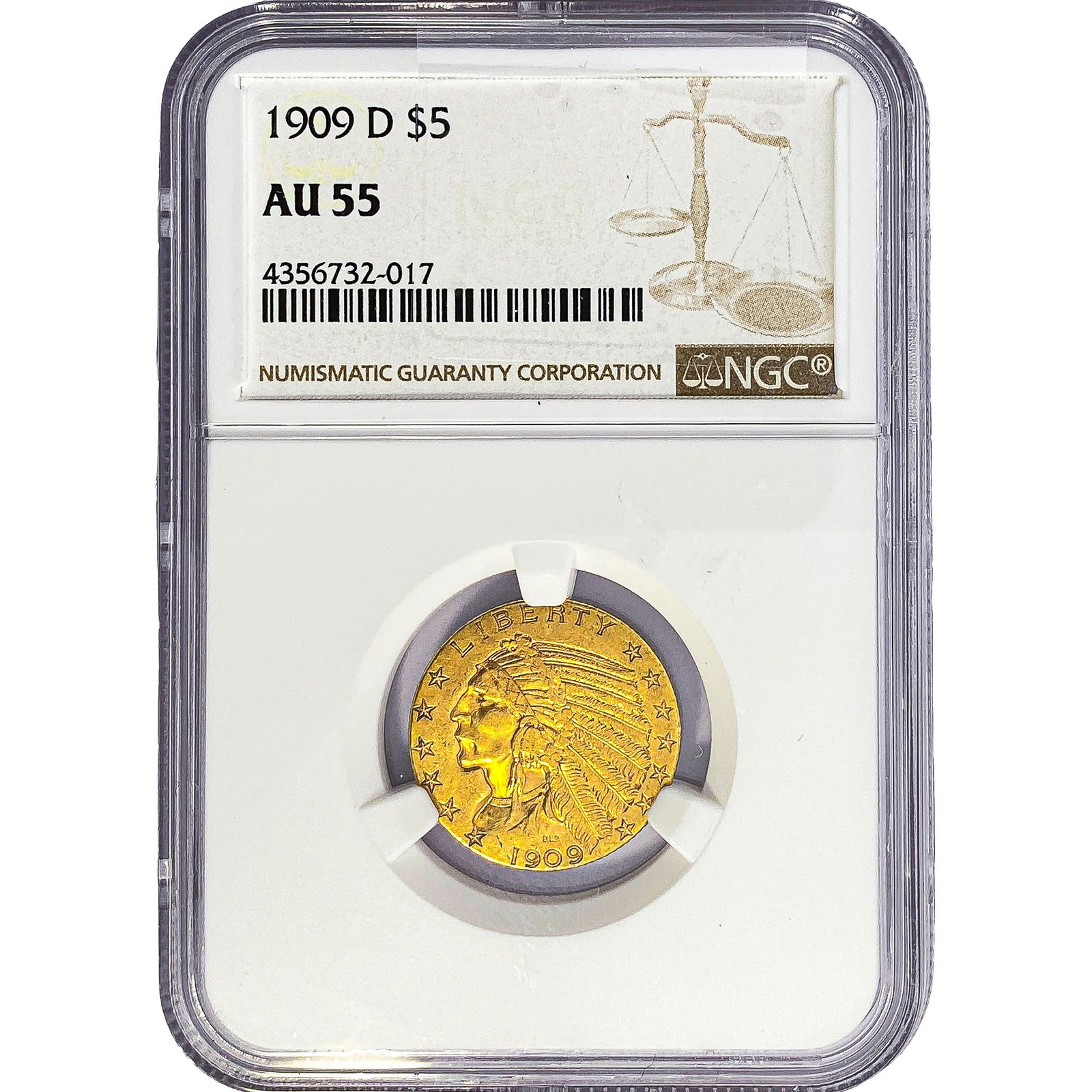 1909-D $5 Gold Half Eagle NGC AU55: 1909-D $5 Gold Half Eagle NGC AU55