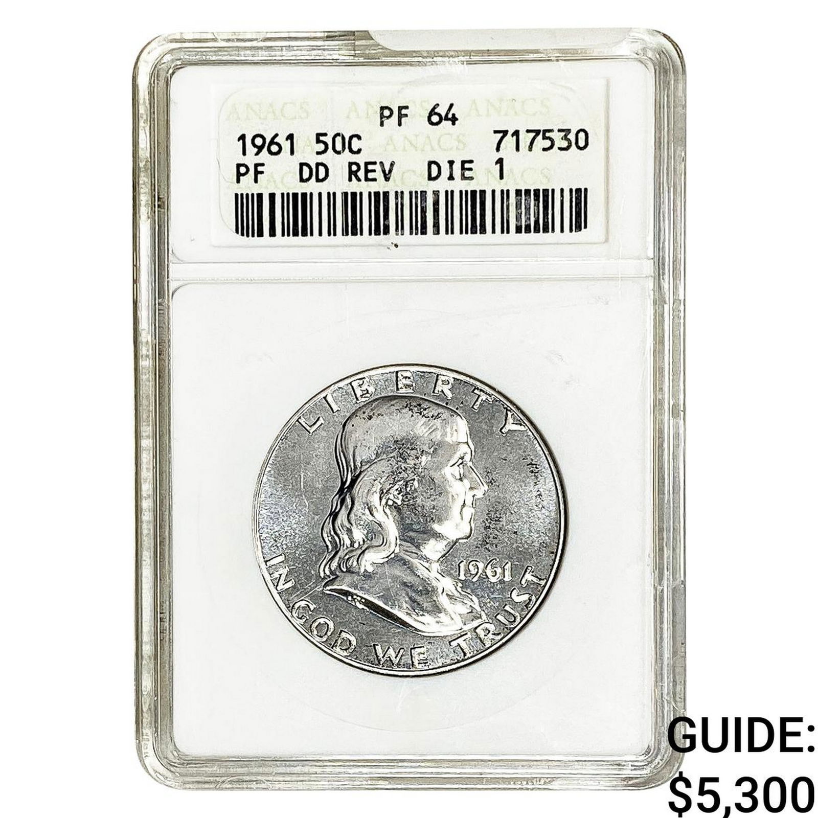 1961 Franklin Half Dollar ANACS PF64 DD REV DIE 1: 1961 Franklin Half Dollar ANACS PF64 DD REV DIE 1