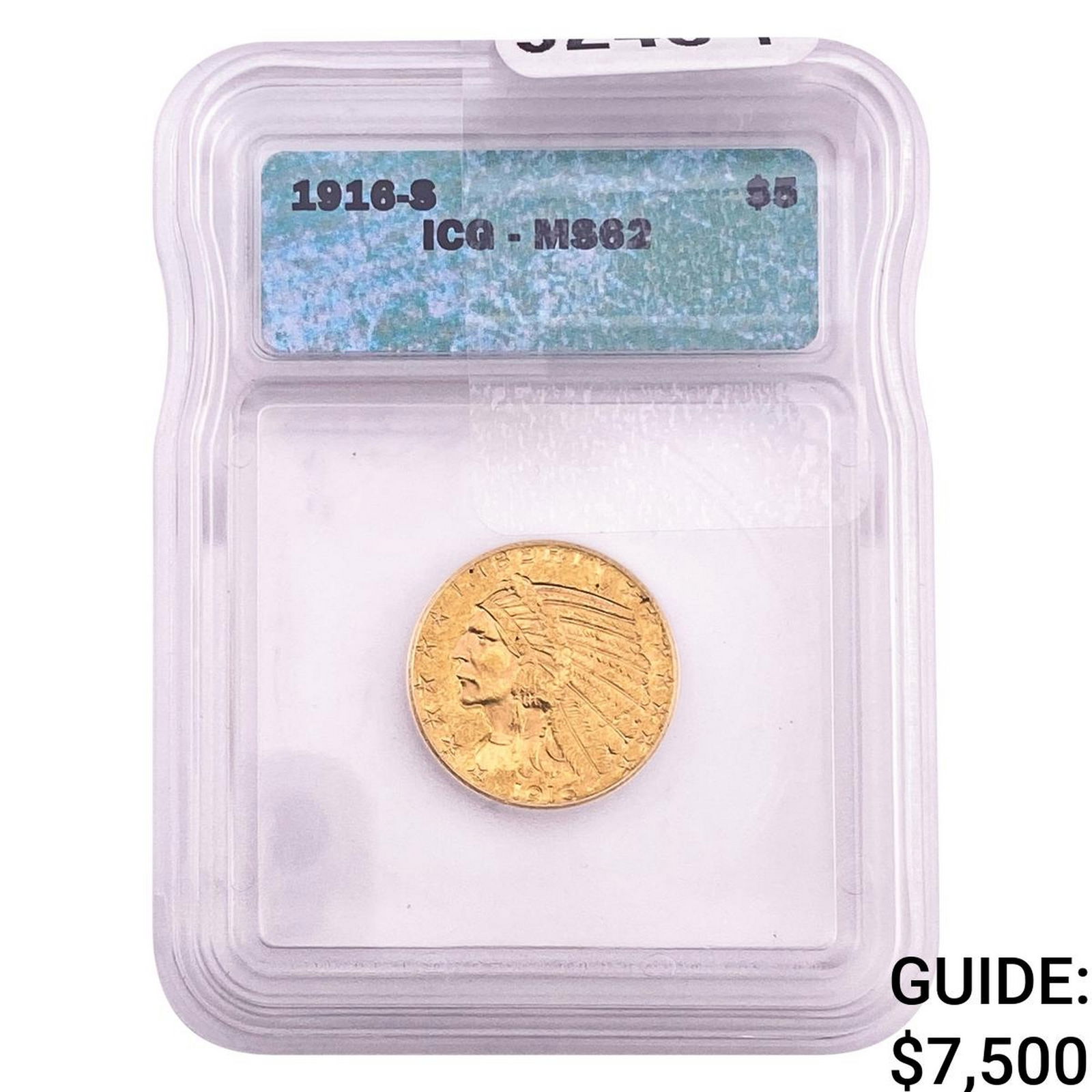 1916-S $5 Gold Half Eagle ICG MS62: 1916-S $5 Gold Half Eagle ICG MS62
