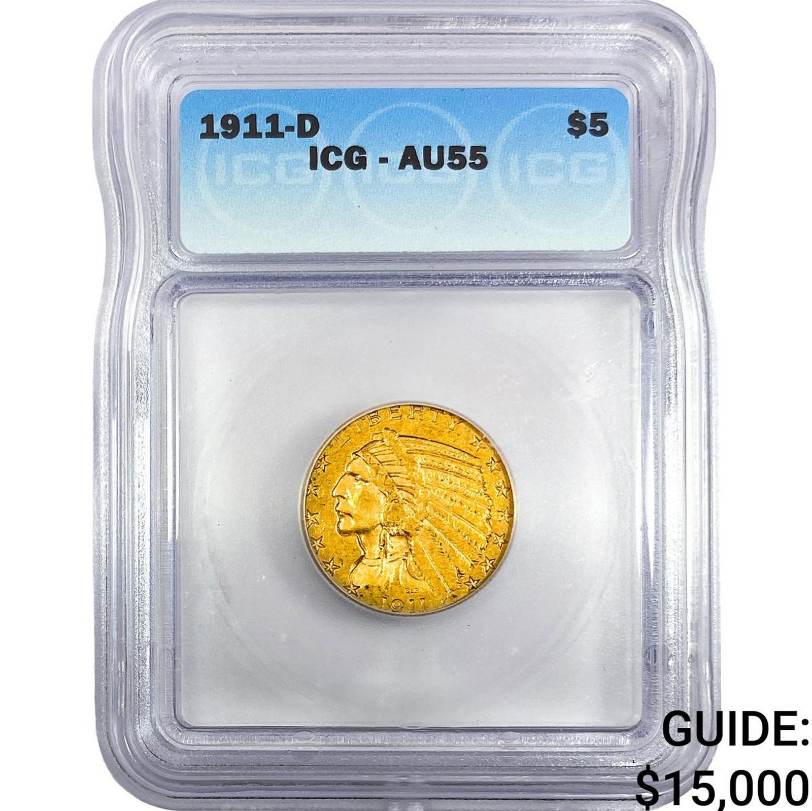 1911-D $5 Gold Half Eagle ICG AU55: 1911-D $5 Gold Half Eagle ICG AU55