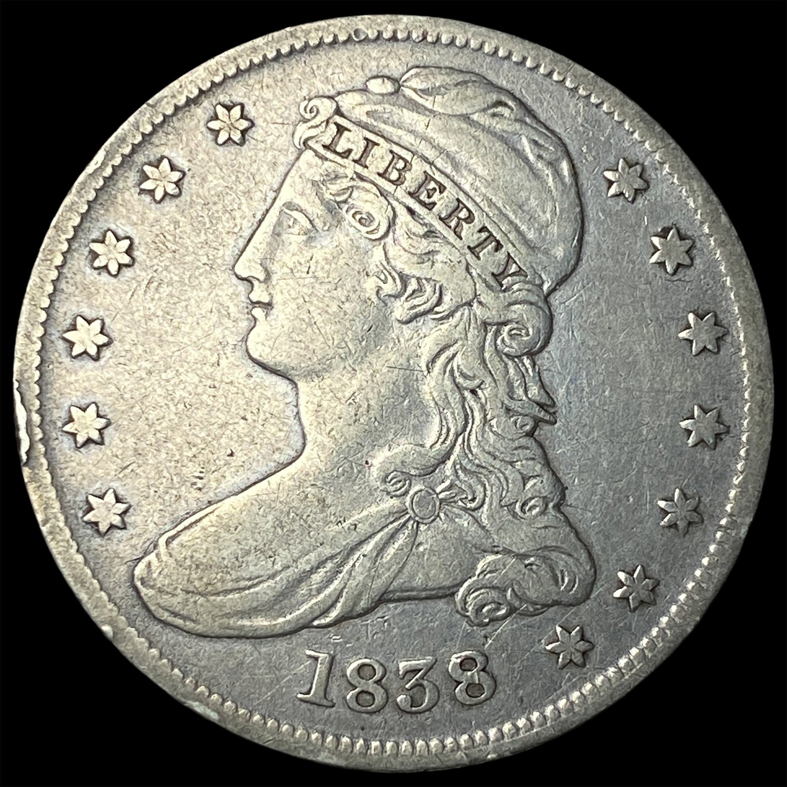 1838 Silver Half Dollar (Capped Bust) ABOUT UNCIRCULATED: 1838 Silver Half Dollar (Capped Bust) ABOUT UNCIRCULATED