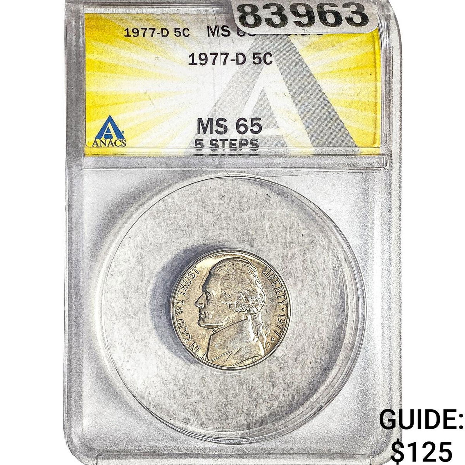 1977-D Jefferson Nickel ANACS MS65 5 Steps: 1977-D Jefferson Nickel ANACS MS65 5 Steps