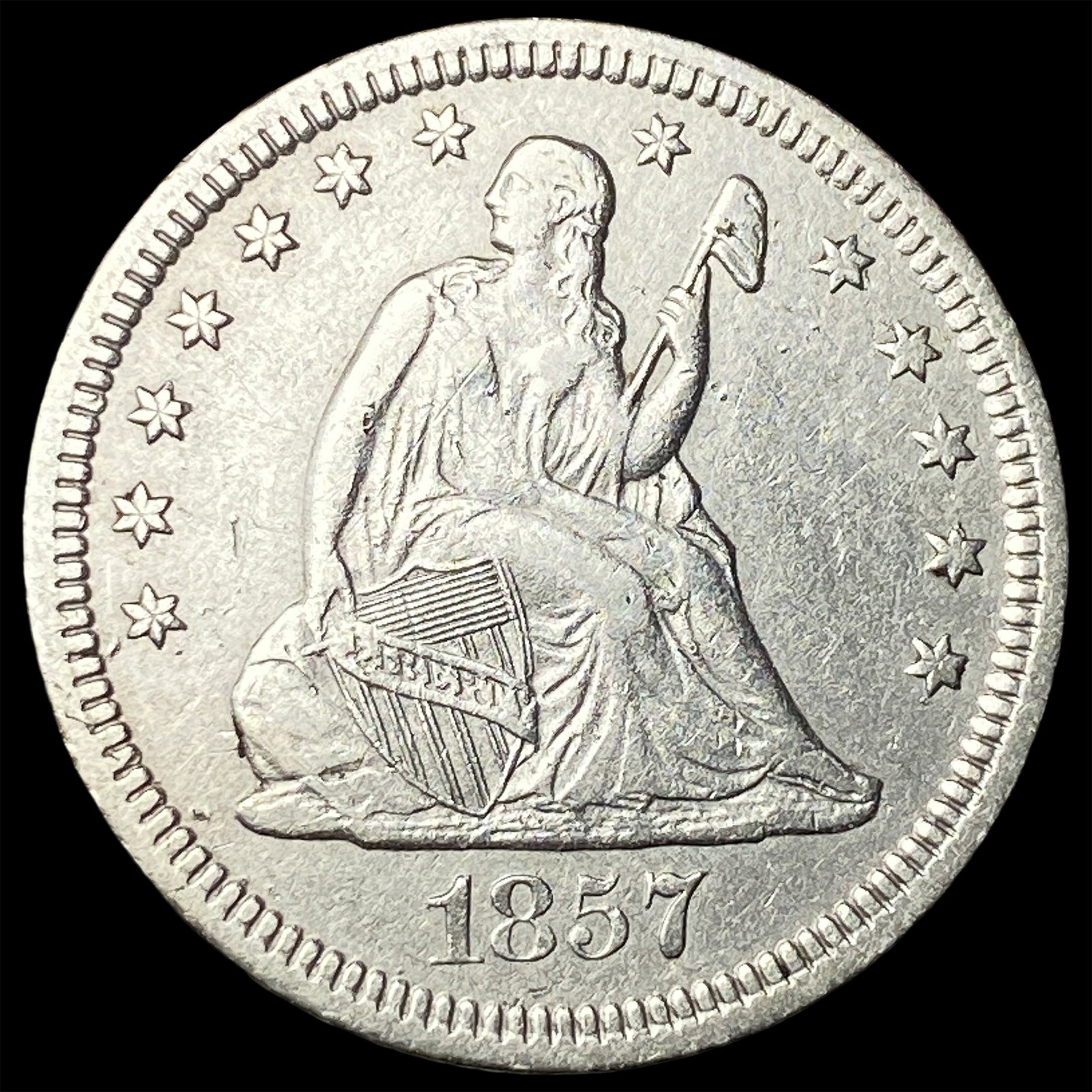 1857 Silver Seated Liberty Quarter NEARLY UNCIRCULATED: 1857 Silver Seated Liberty Quarter NEARLY UNCIRCULATED