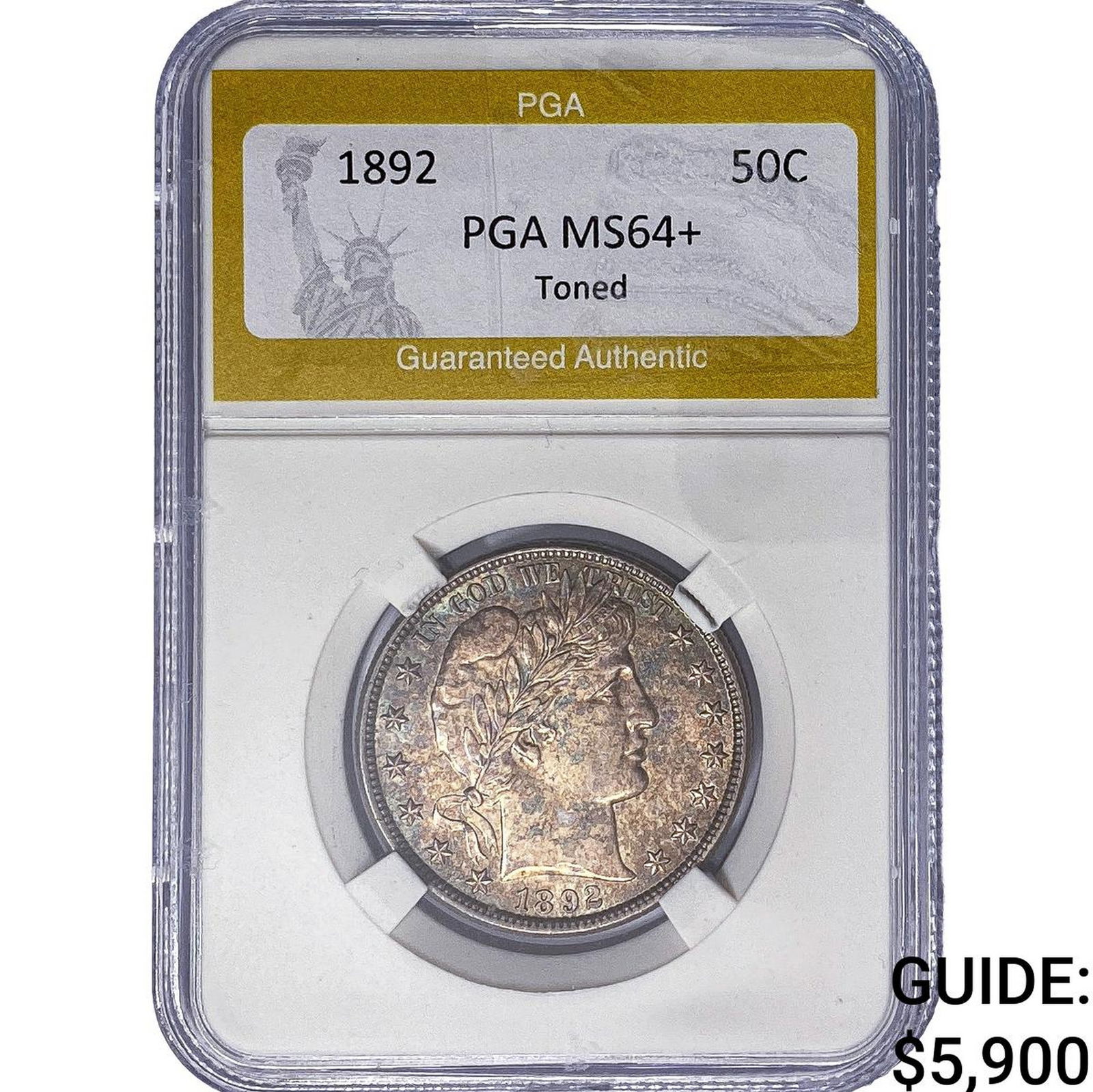 1892 Barber Half Dollar PGA MS64+ Toned: 1892 Barber Half Dollar PGA MS64+ Toned