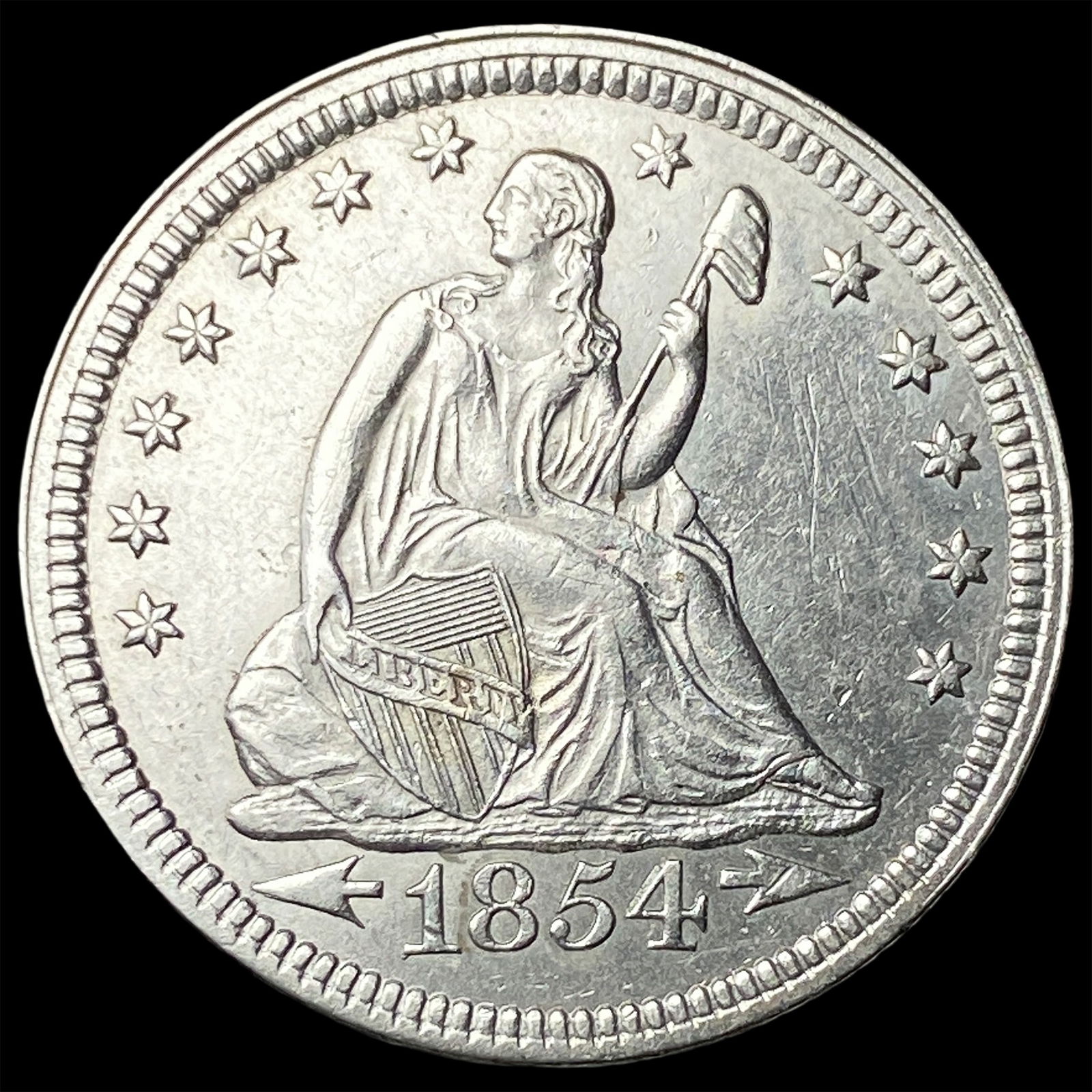 1854 Arrows Seated Liberty Quarter CLOSELY UNCIRCULATED: 1854 Arrows Seated Liberty Quarter CLOSELY UNCIRCULATED
