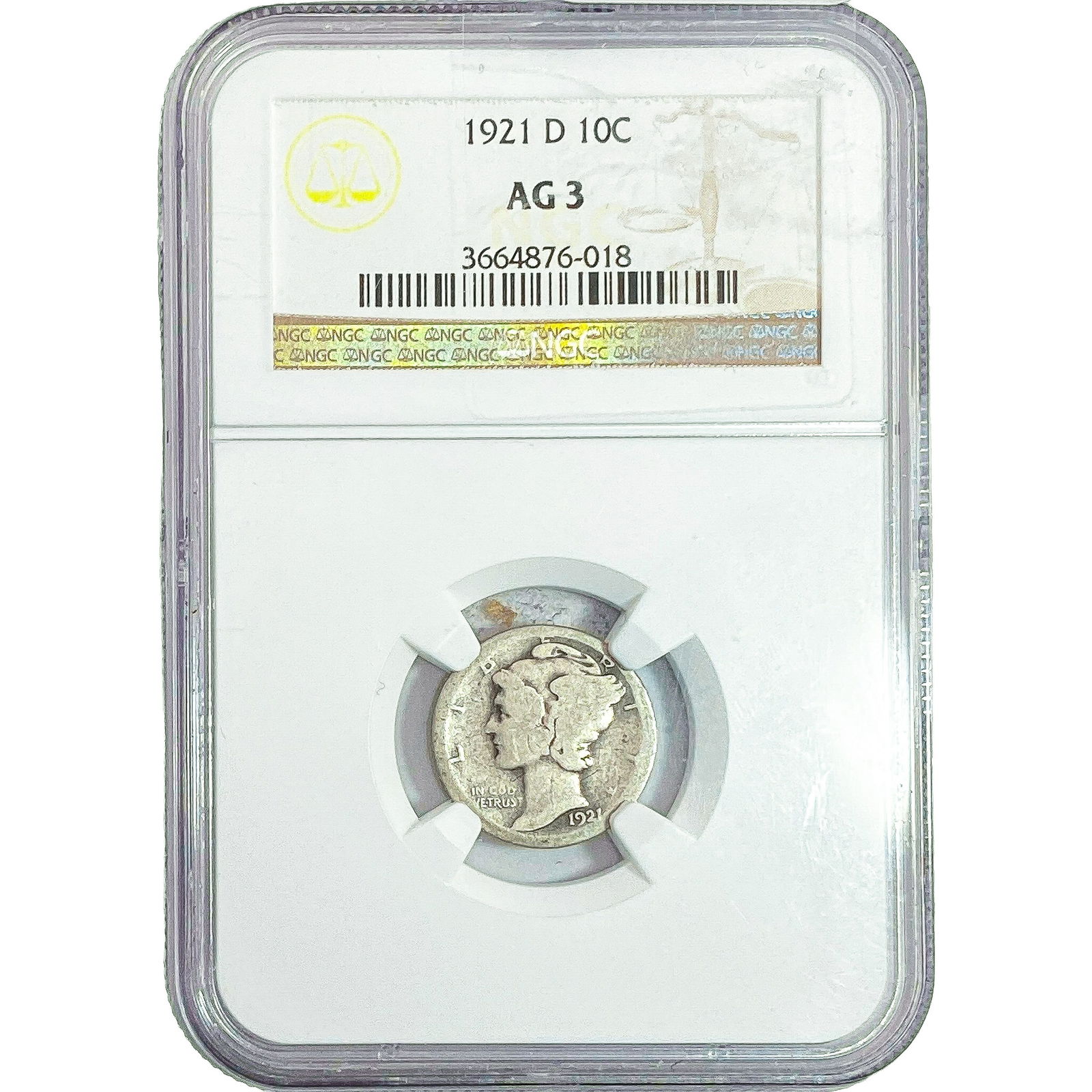 1921-D Mercury Silver Dime NGC AG3: 1921-D Mercury Silver Dime NGC AG3