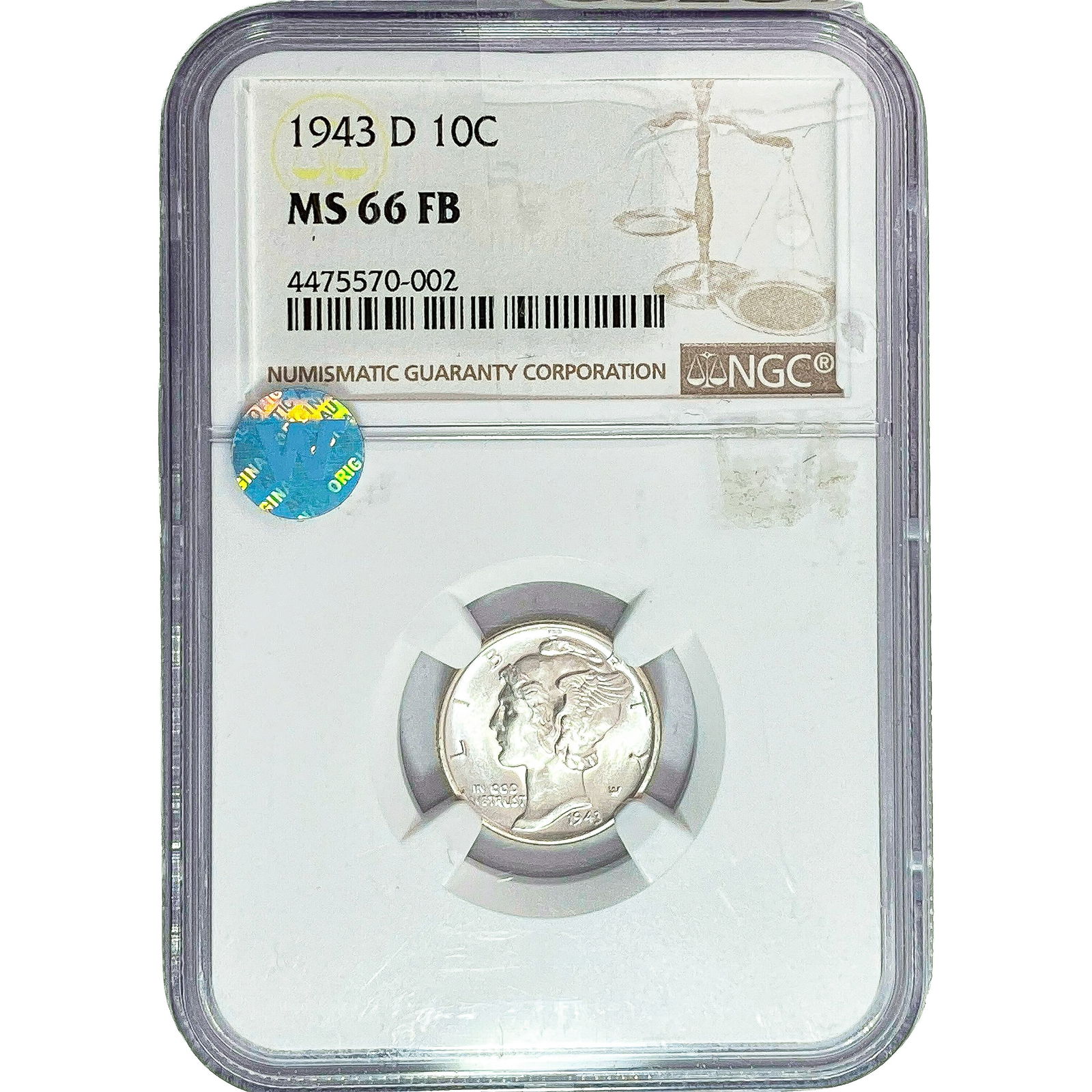 1943-D Mercury Silver Dime NGC MS66 FB: 1943-D Mercury Silver Dime NGC MS66 FB